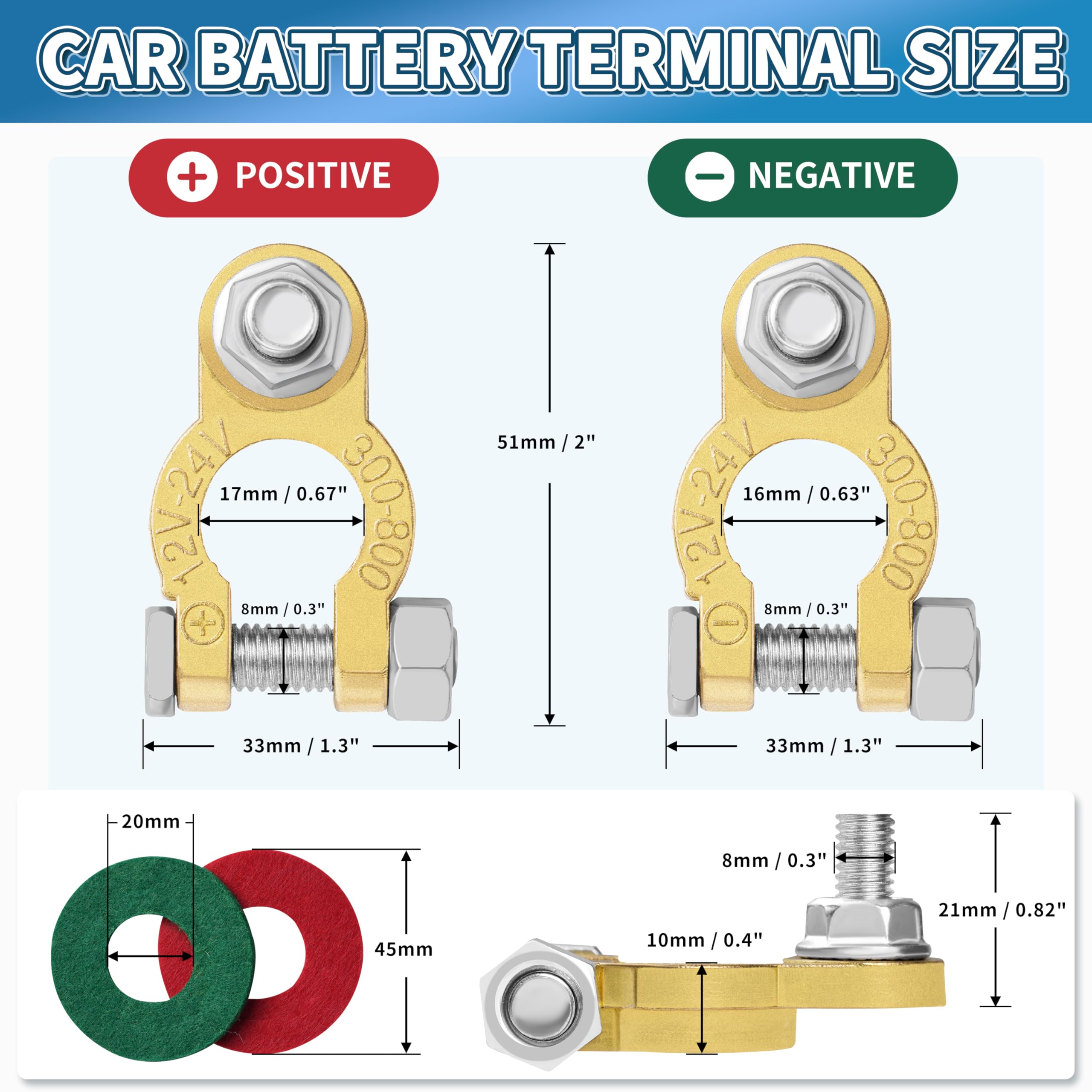 Battery Terminal Connectors 1 Pair, Battery Terminals M8 X 21Mm Bolt, Battery Cable Ends Pure Copper With Anti-Corrosion Pad For