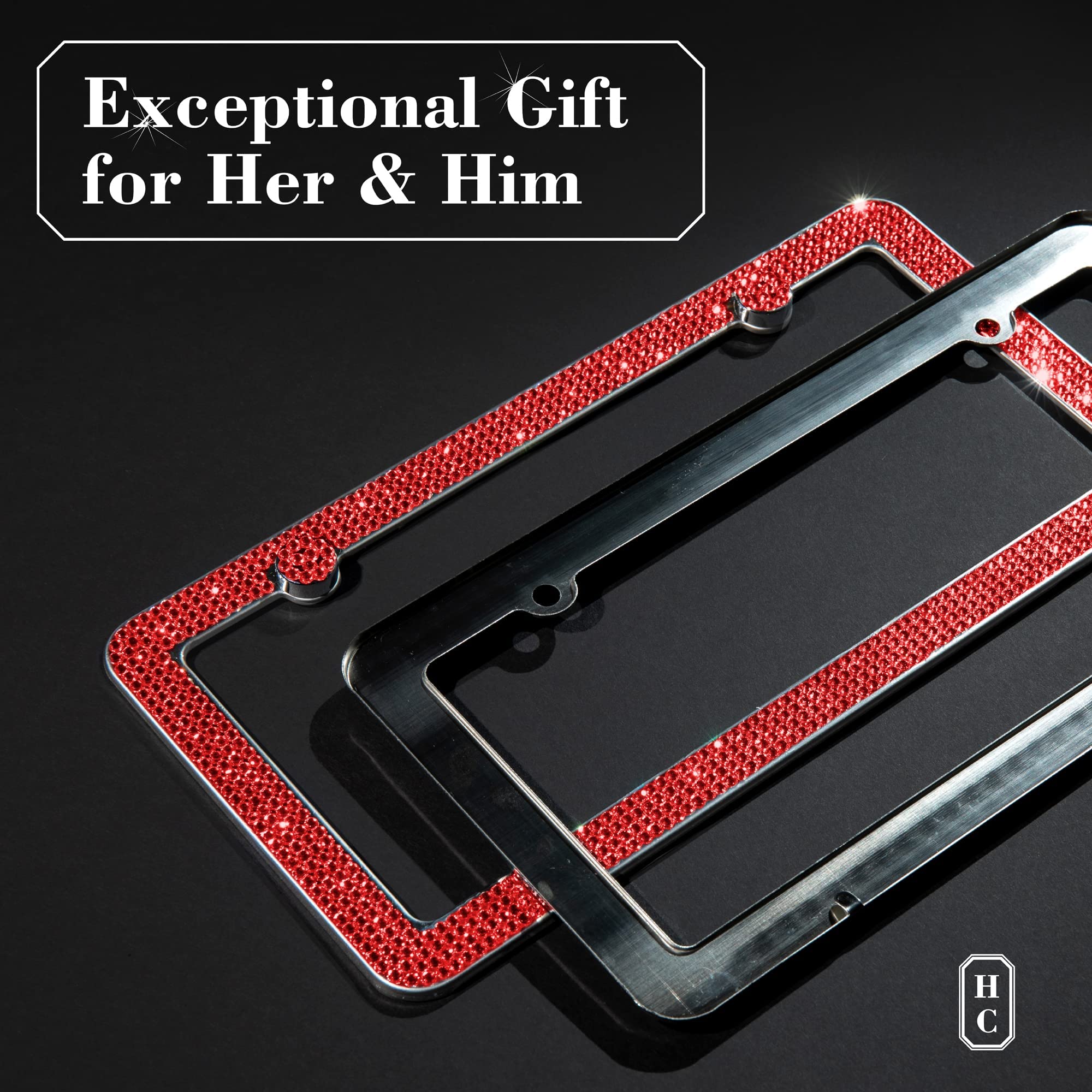 Handcrafted Rhinestone Bling License Plate Frames For Women, Men | 2 Pack Bedazzled Cover With Glittery Screw Caps | Stainless Steel Clear Crystal Sparkle License Plate Frame/Cover (Red)