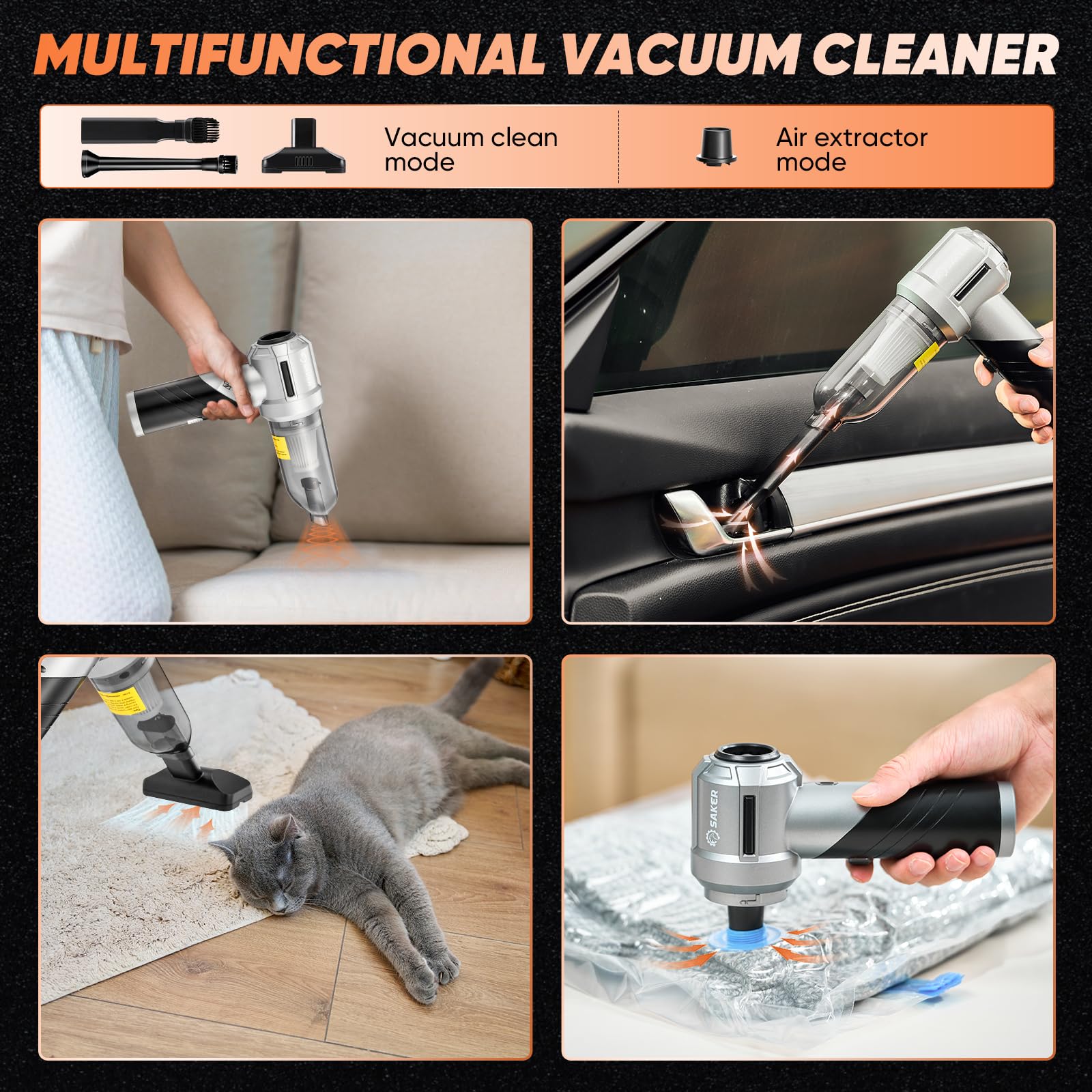 Saker Foldable Vacuum Cleaner Portable Cordless17000Pa-Vacuum Cleaner And Dust Blower 3 In 1 Mini Handheld Rechargeable Vacuum W