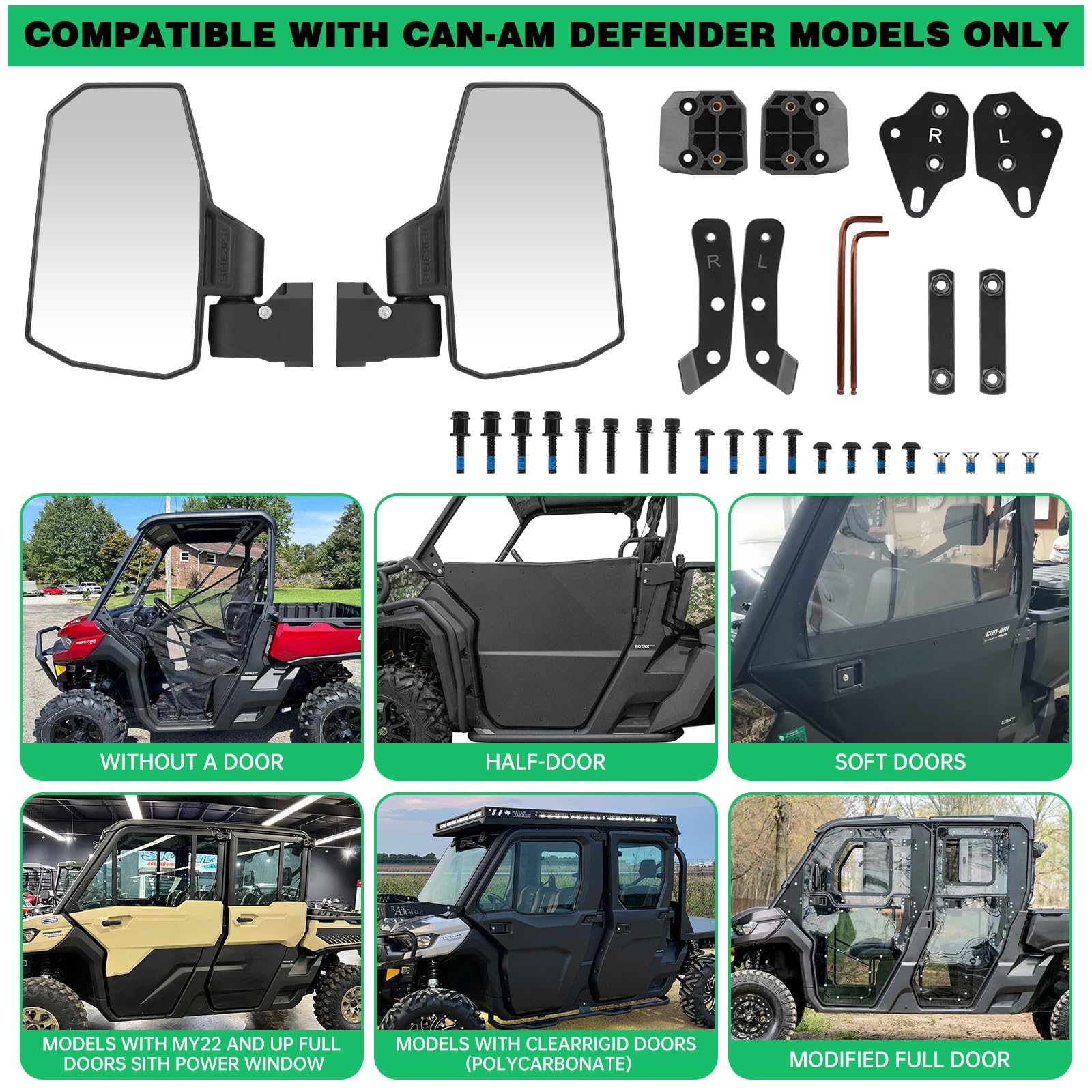 SHEJISI UTV Mirrors - Defender Side Mirrors, Black, ABS, 2024 Model, Compatible with Can Am Defender HD Series