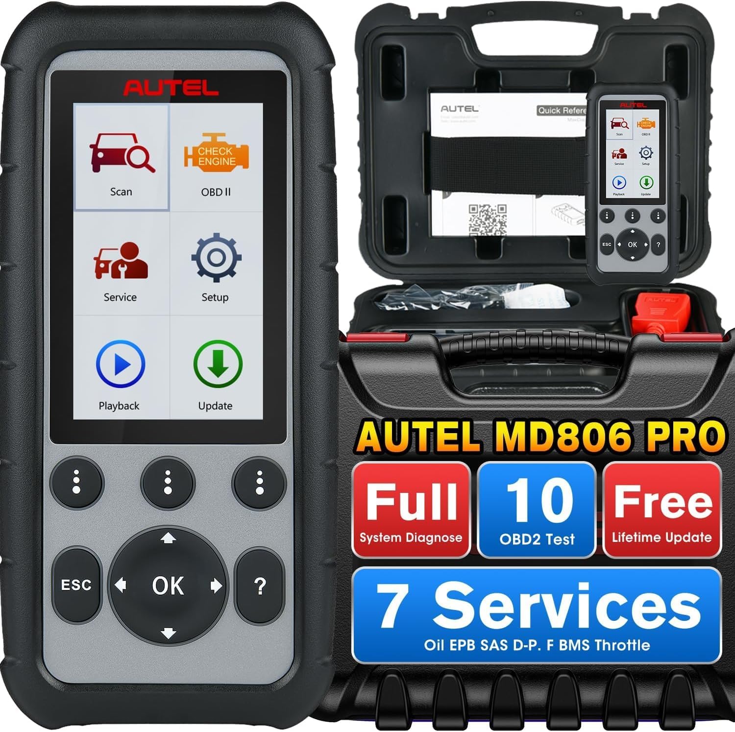 Autel MaxiDiag MD806 PRO OBD2 Scanner: Full Systems Diagnostic Scan Tool w/Live Data Oil Reset BMS SAS Throttle A/F EPB D-P.F, A