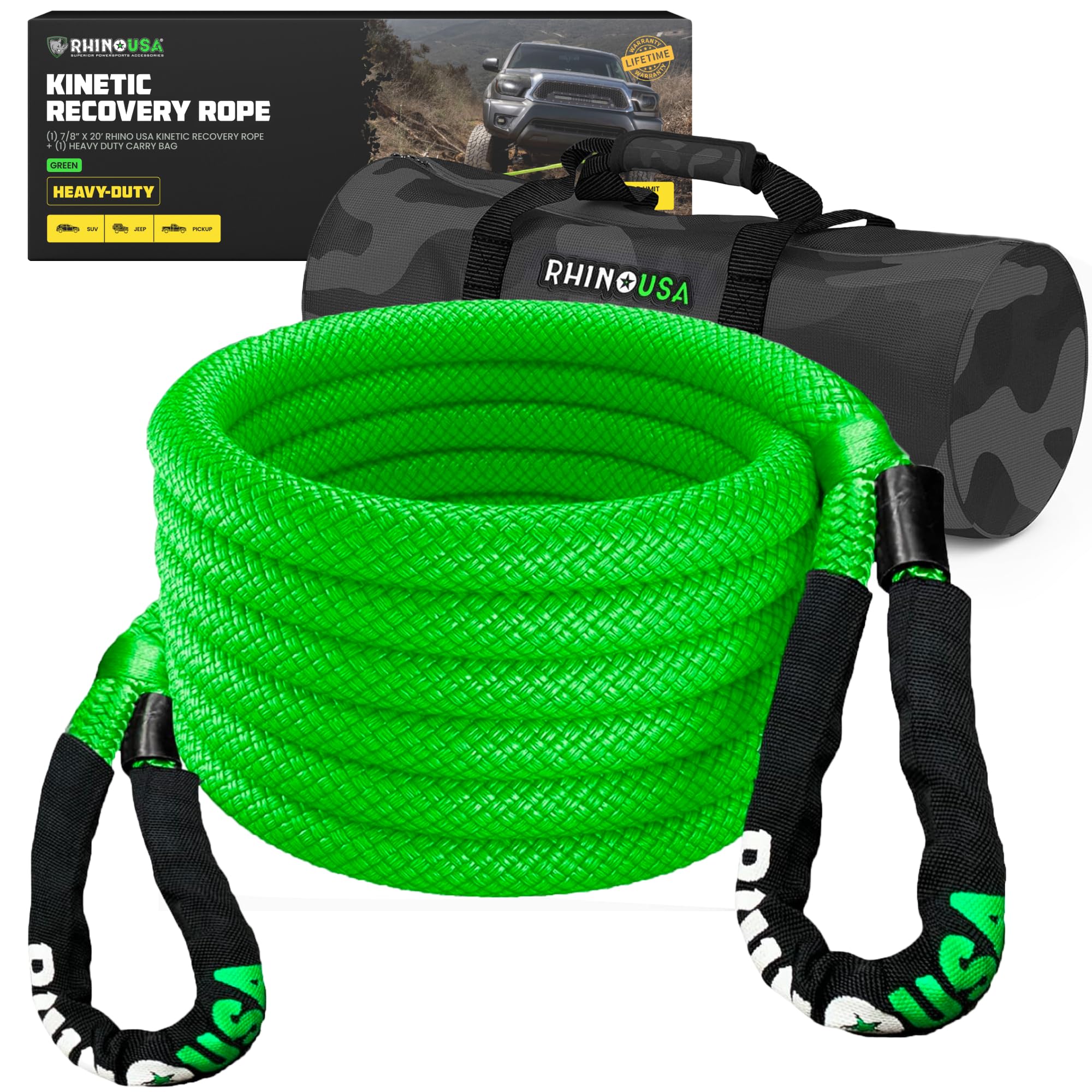 Rhino USA Kinetic Recovery Tow Rope Heavy Duty Offroad Snatch Strap for UTV, ATV, Truck, Car, Tractor - Ultimate Elastic Straps 