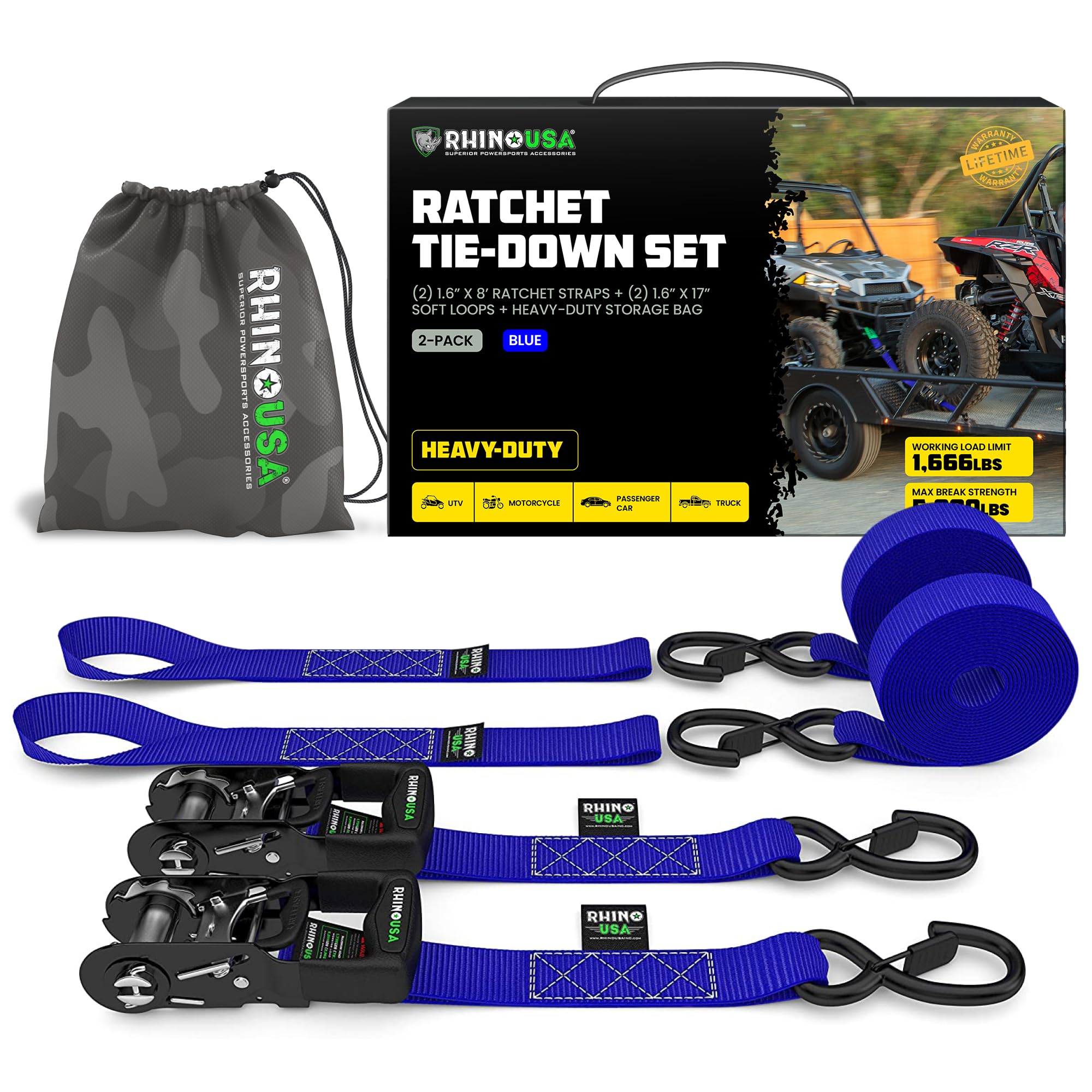 Rhino Usa Ratchet Straps Heavy Duty Kit (2-Pack) - 1.6 Inch X 8 Feet (5,208Lb Break Strength) - Ultimate Tie Down Straps With Sa