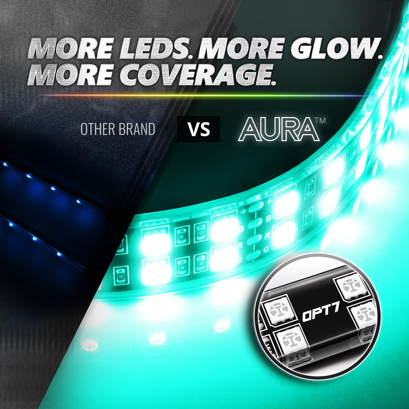 OPT7 Aura Pro LED Interior Car Strip Lights Kit, 4PC Double Row, RGB, Sound Active, APP & Remote Control, Silicone, 12V Charger