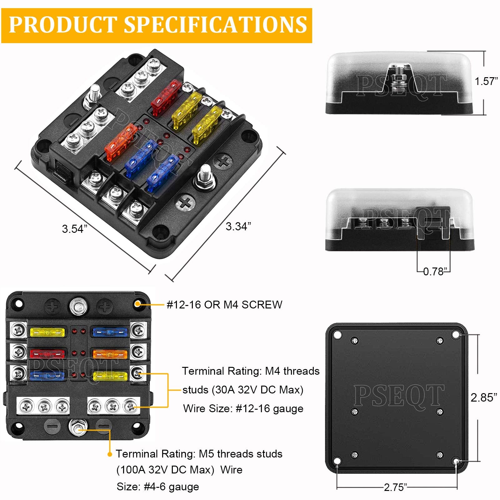 Pseqt Mini 6-Way Blade Fuse Block Box With Negative Bus Atc/Ato & Warning Indicator Waterproof Marine Automotive Standard Circui