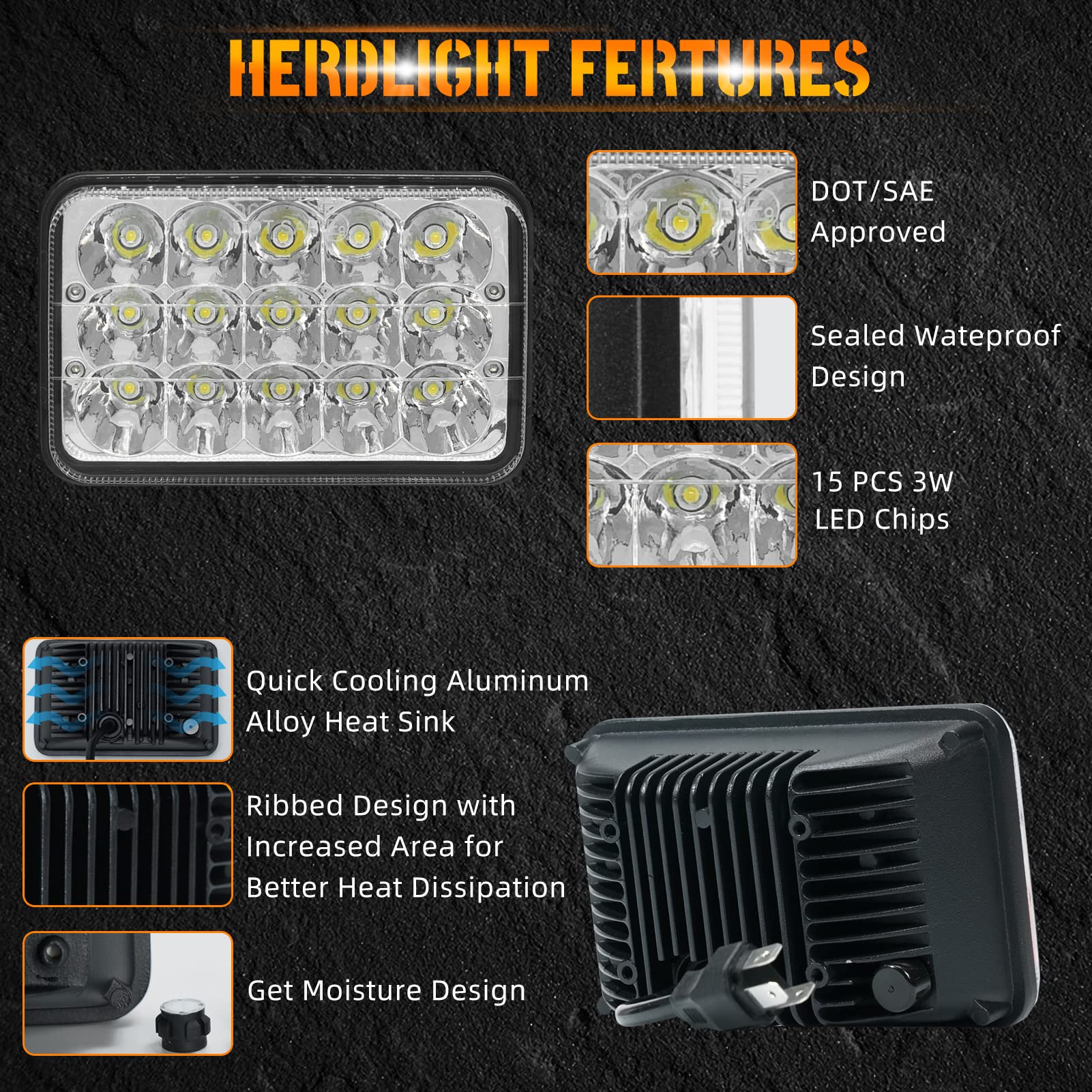Sakeye 4x6 Inch LED Lights - 4PCS Hi/Lo Sealed Beam for K 900 Oldsmobile Cutlass - Black