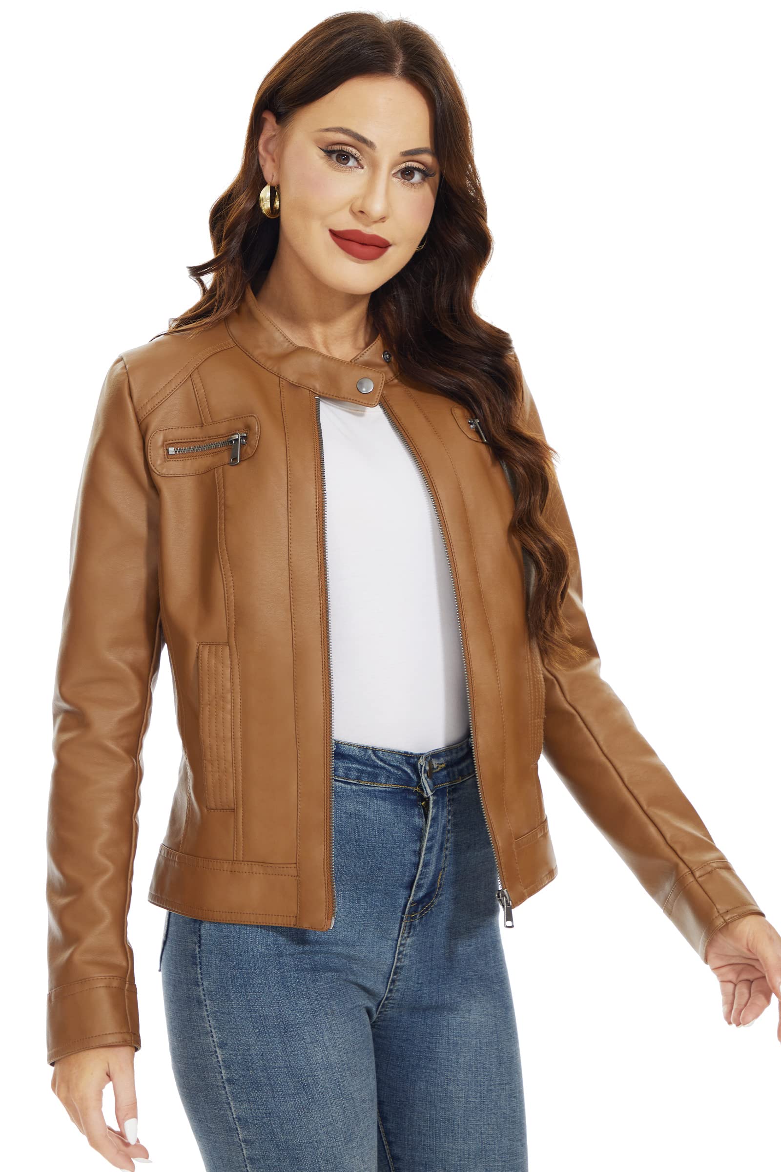 Fahsyee Womens Faux Leather Jackets, Zip Up Motorcycle Short Pu Moto Biker Outwear Fitted Slim Coat Size Xxl Camel