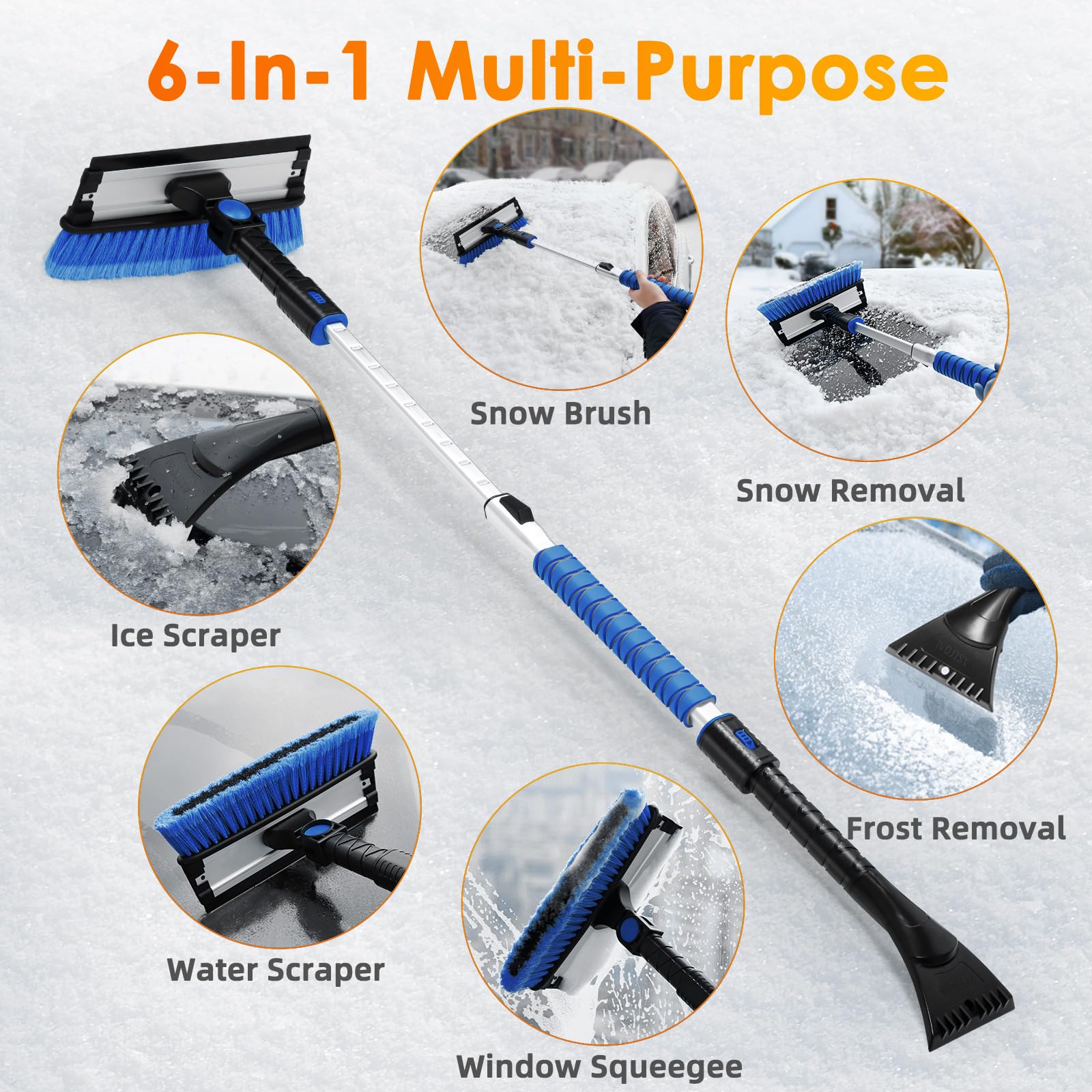 AstroAI 3-in-1 Snow Brush with Squeegee, 47.2" Extendable Handle, 10 Adjustable Lengths, Blue, Model S1M0BL