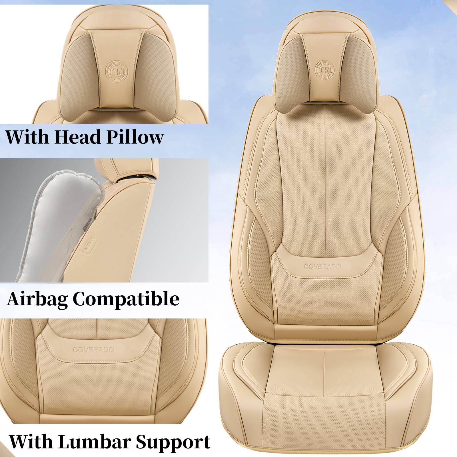 Coverado Universal Seat Covers, Waterproof Nappa Leather, Front 2-Pack, Beige, SCU003-H, Fits Most Sedans, SUVs, and Pick-up Trucks