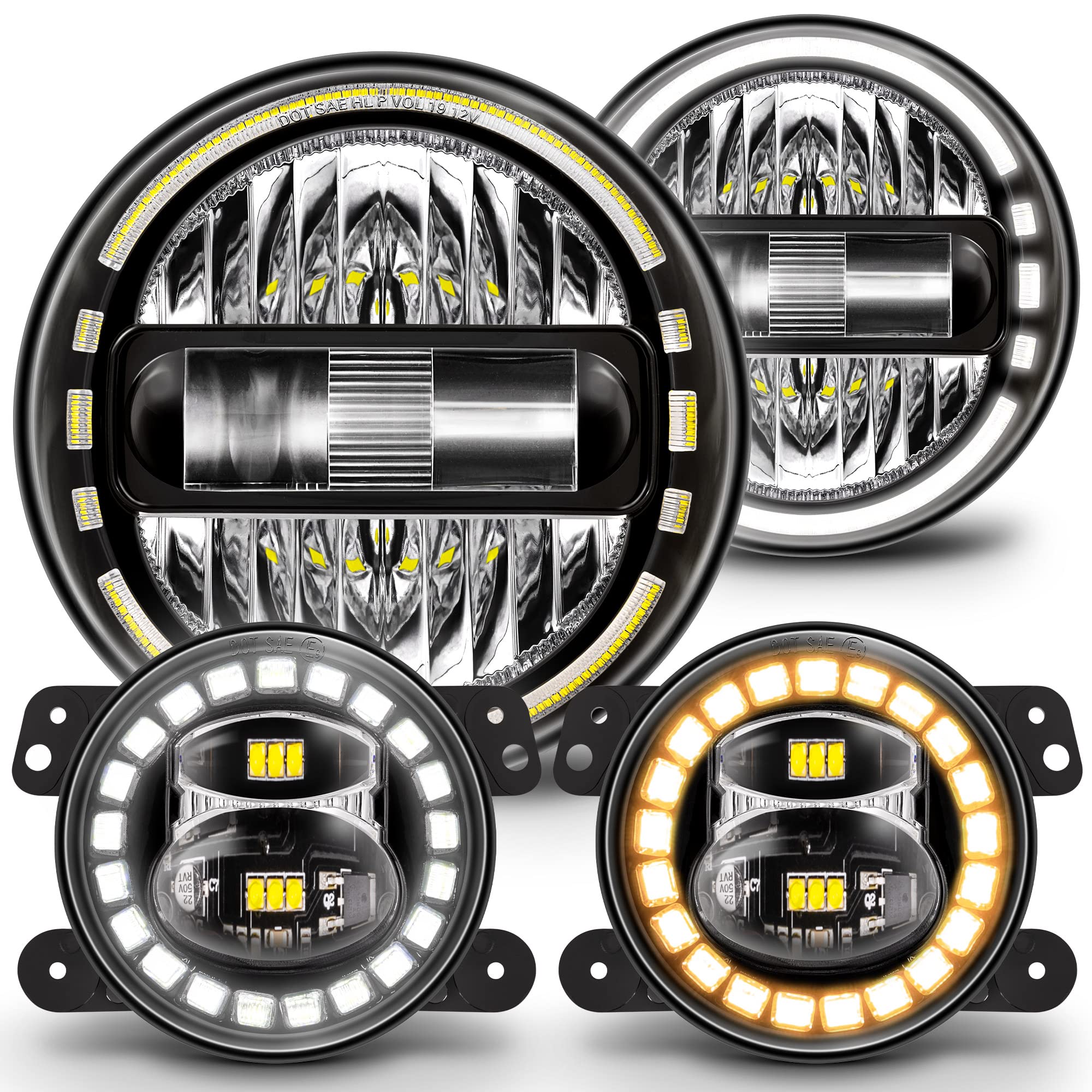 TRUE MODS 7-inch H6024 LED Headlights + 4-inch Fog Lights for Jeep Wrangler JK Unlimited JKU Accessories 2007-2018 [DOT Approved