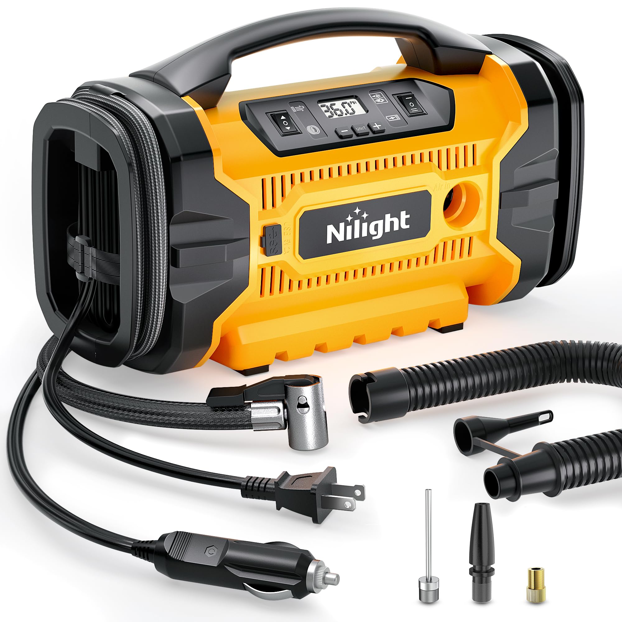 Nilight Portable Air Compressor Tire Inflator Ac/Dc Dual Power Sources Tire Pump 160Psi Dual Motors Fast Inflate Auto Shutoff Ai