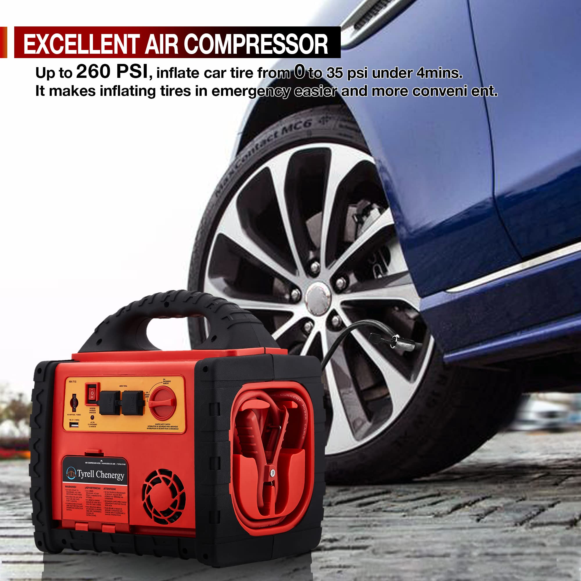 Tyrell Chenergy 1800 Amp Car Jump Starter & Air Compressor, 260 PSI Inflator, 400W Inverter, Model HH715a