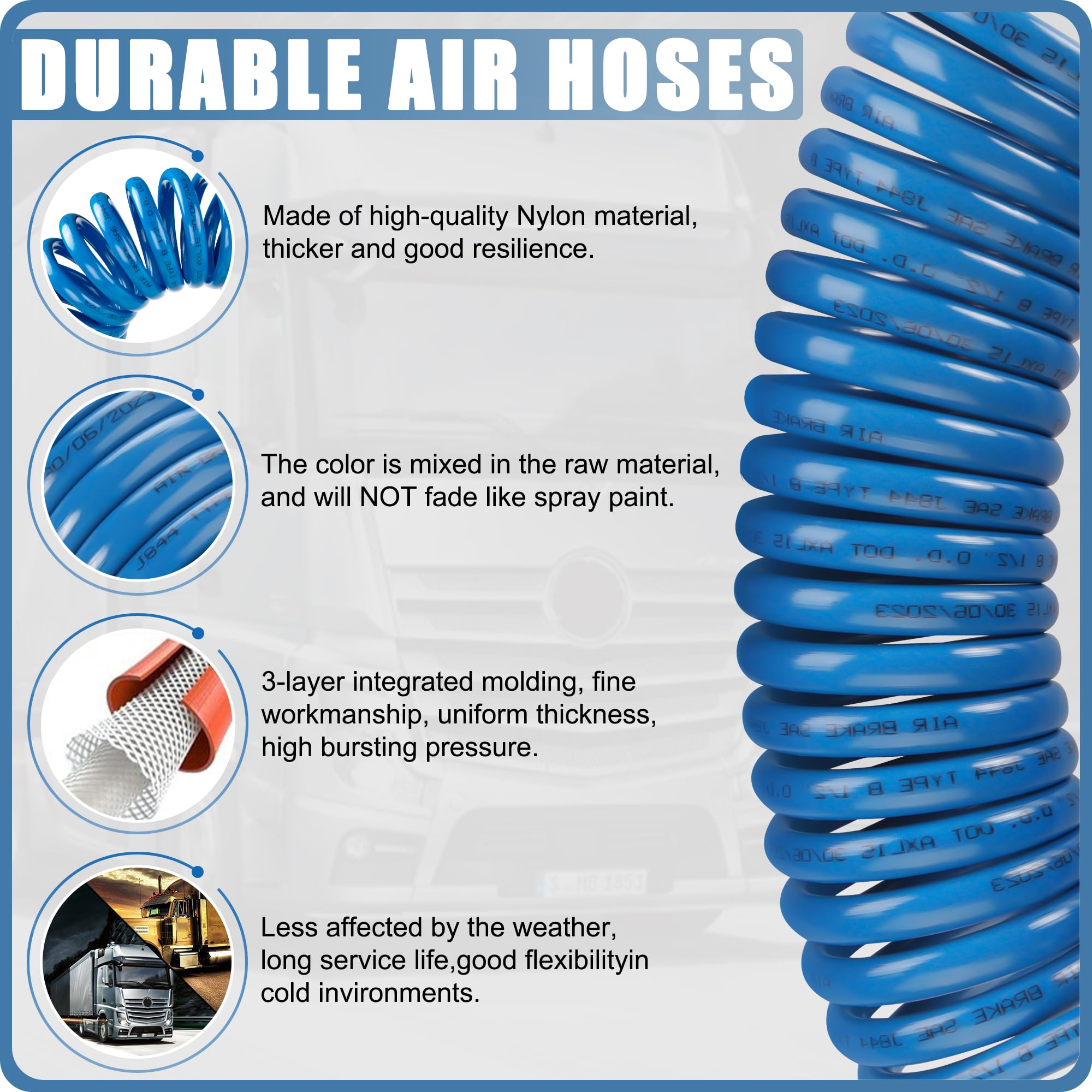 Ailbiuko Air Brake Line Hose Coil Assembly Coiled Set 15 Ft Air Lines Semi Truck Trailer Hoses,1/2'' Npt Dot Fittings With Glad
