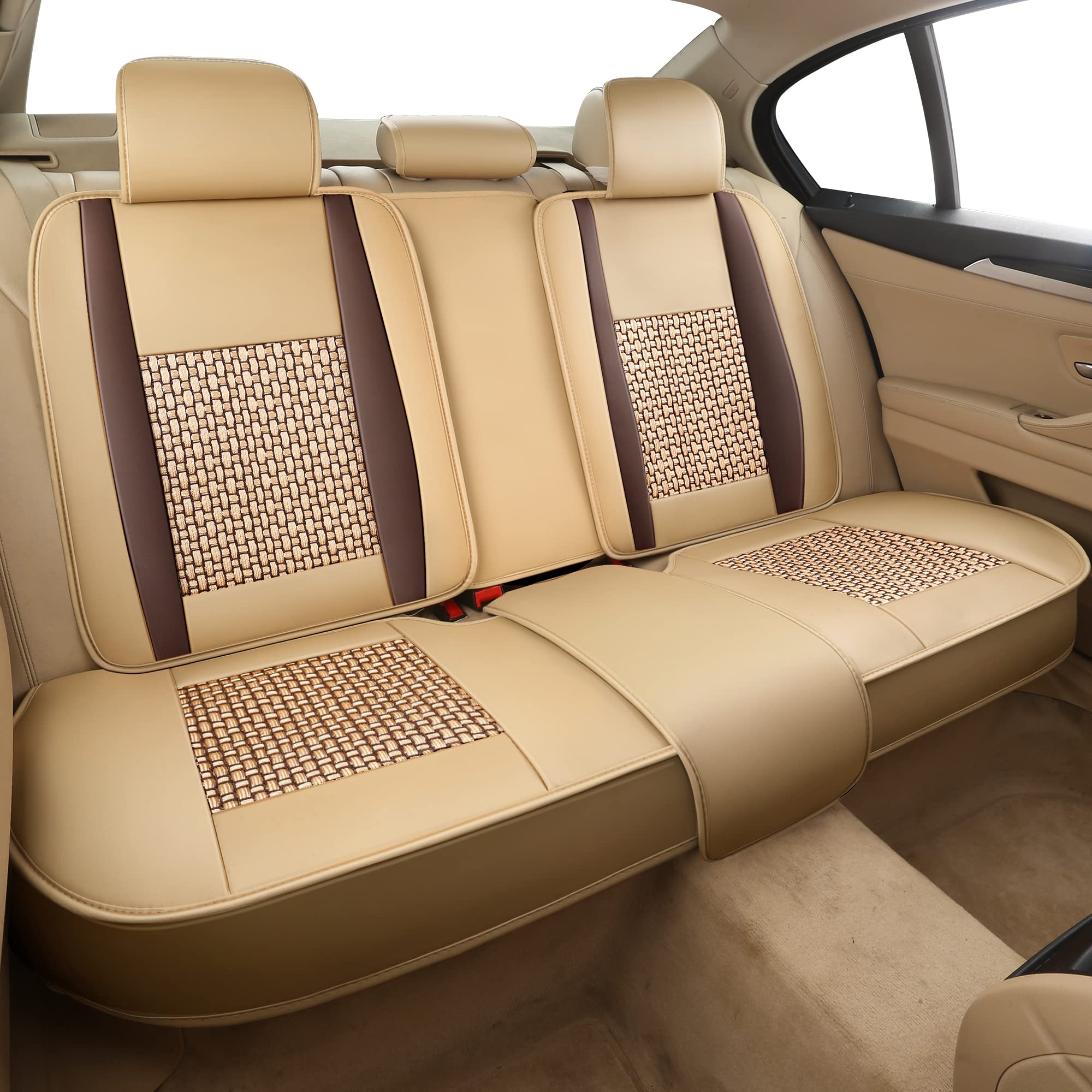 FREESOO Leather Car Seat Covers Full Set, Breathable Padded, A-Khaki Brown, Model 01QCZD, Universal Fit for Sedans, SUVs, and Trucks