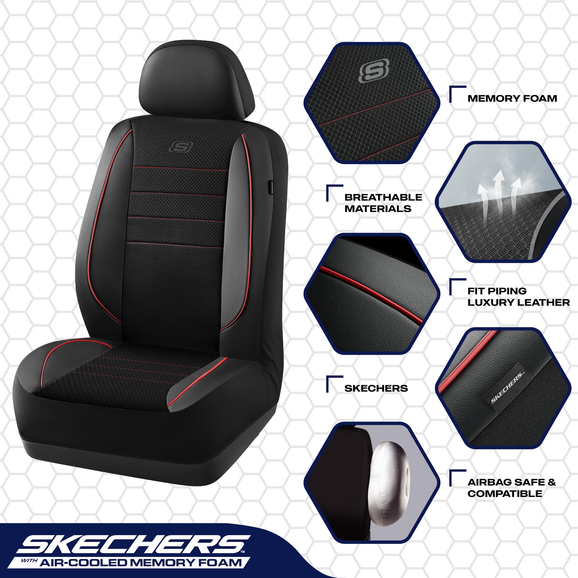 Skechers Memory Foam Seat Covers,Air Cool Mesh Thick Car Seat Covers,Piping Leather Car Seat Protector Full Set,Airbag Compatibl