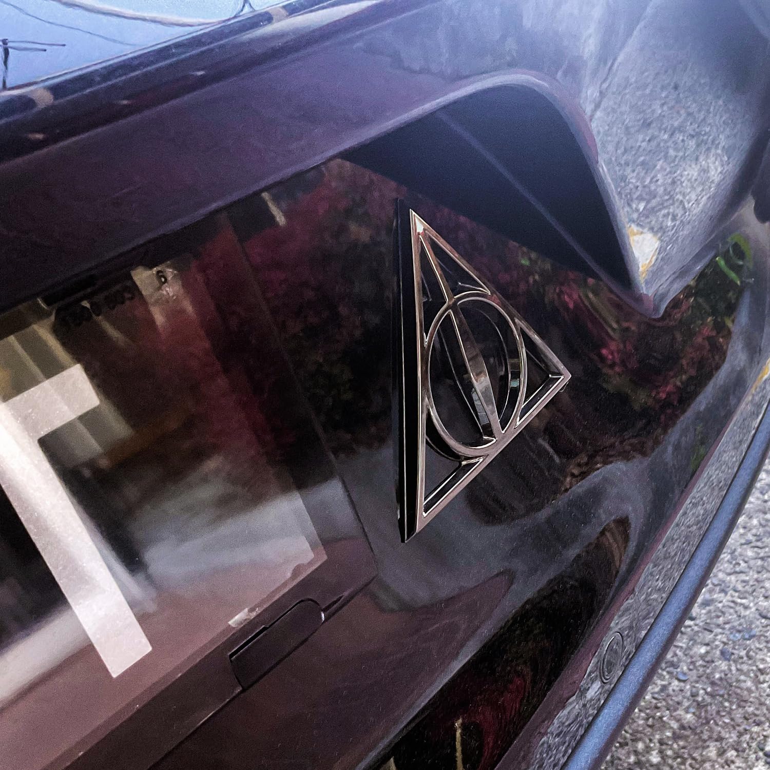 Fan Emblems Deathly Hallows Car Emblem - Harry Potter Symbol 3D Auto Badge - Color: Black Chrome - Size: 3.7 X 3.2 X 0.2 Inches