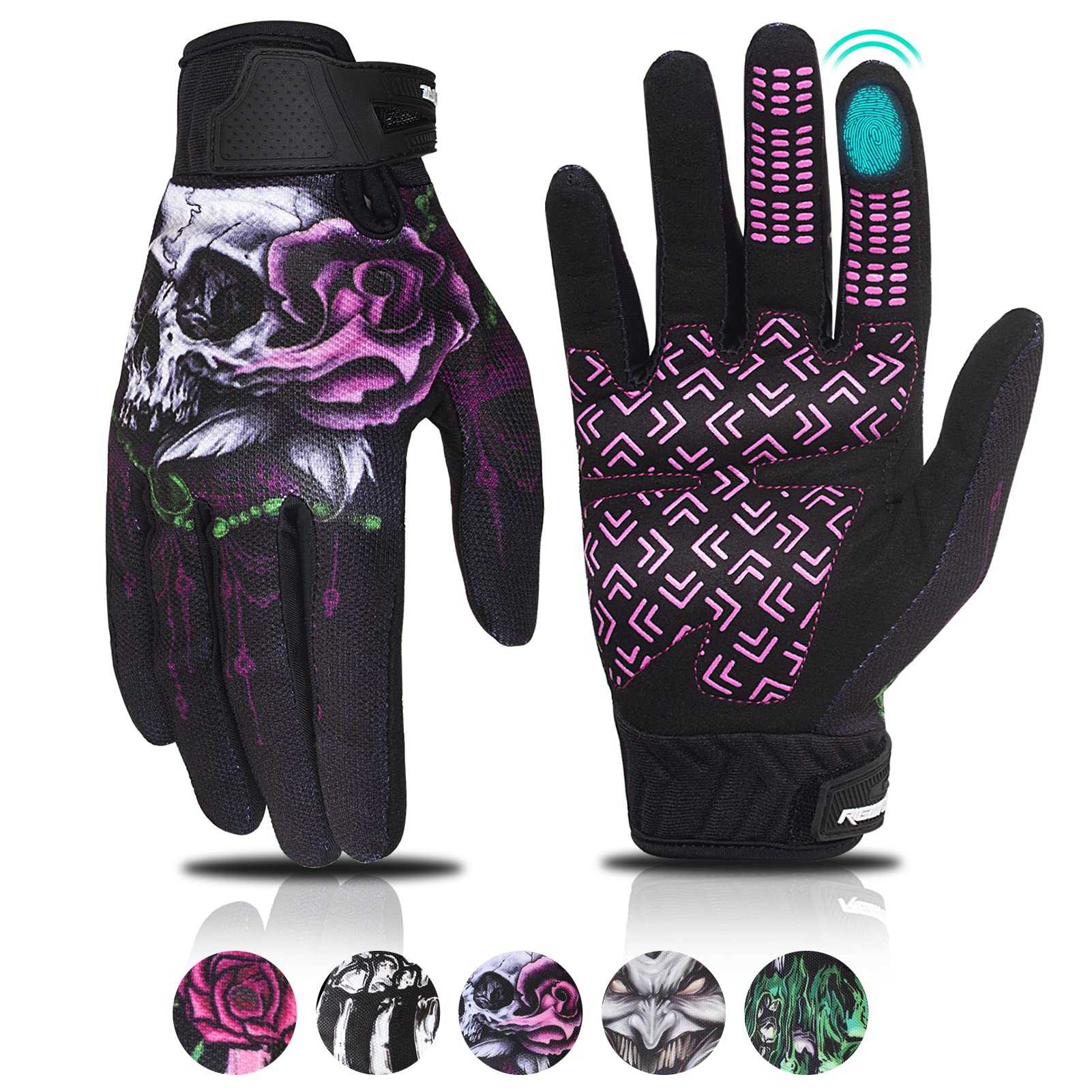 RIGWARL Women's Motorcycle Gloves - Touchscreen, Breathable, Non-Slip, X-Large, Pink Skull