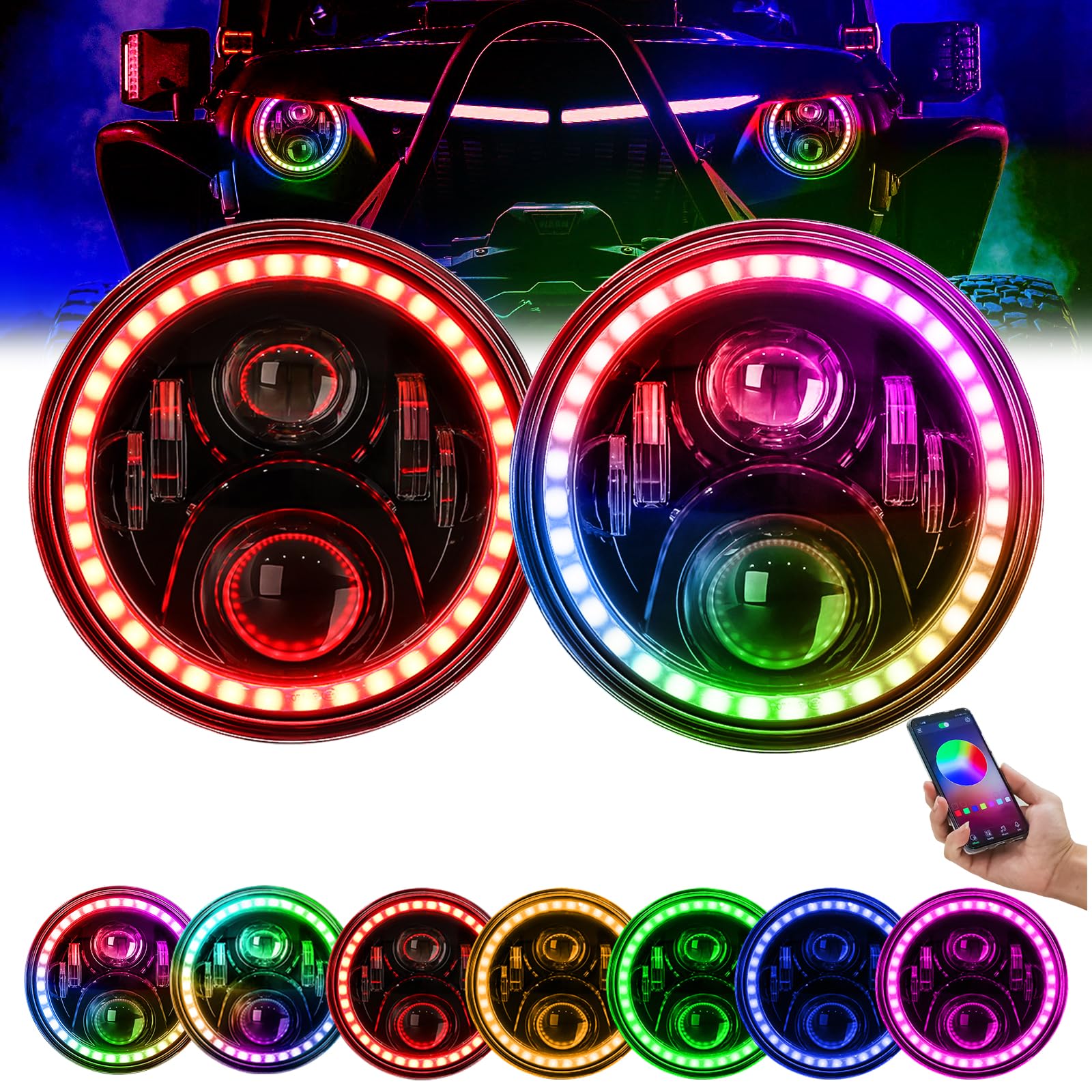 Beeyeo 7 Inch Round Led Headlight Rgb Halo Angel Eyes Dot Approved Halo Headlights For Wrangler Jk Tj Lj Cj Sahara Sport Rubicon