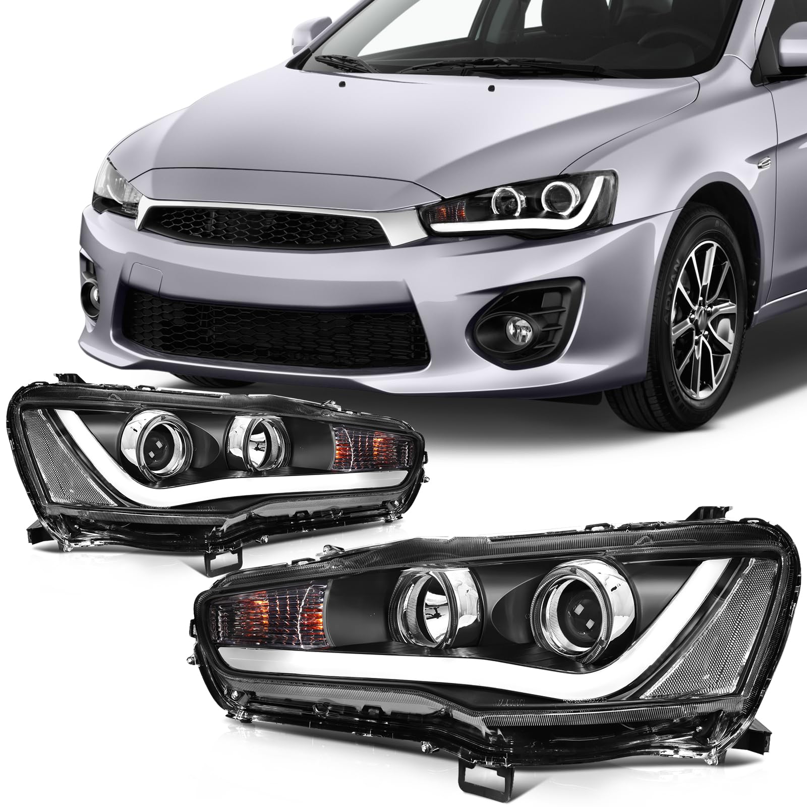 SCITOO Fit For Mitsubishi Lancer EVO 2008-2016 Headlight Assembly Headlamps Replacement(Left and Right Side)