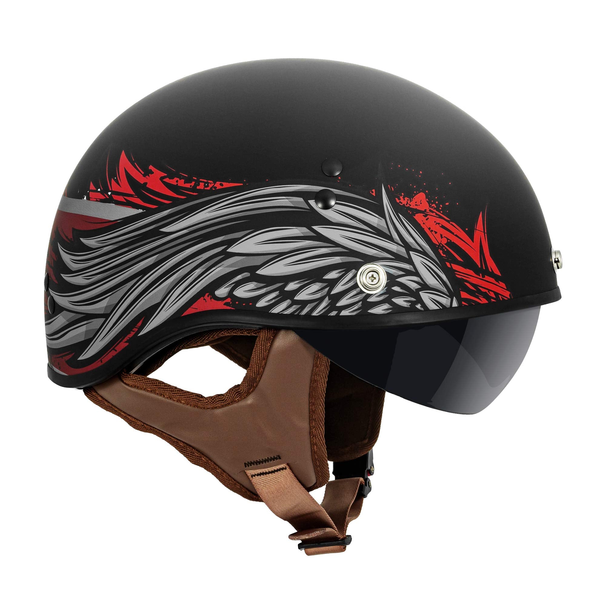 Vcan Cruiser Solid Flat Black Half Face Motorcycle Helmet With Drop-Down Sun Visor, Removable Peak And Quick Release Buckle (Pho