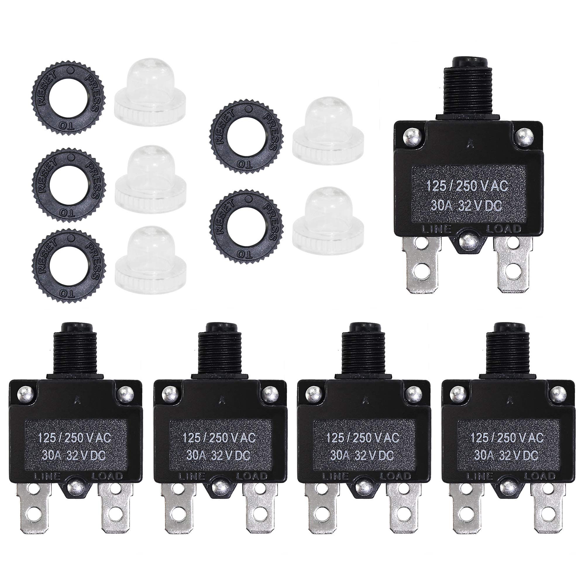 Fuzbaxy 5Pcs 30Amp Circuit Breakers With Manual Reset 32Vdc,Ac125-250V With Quick Connect Terminals