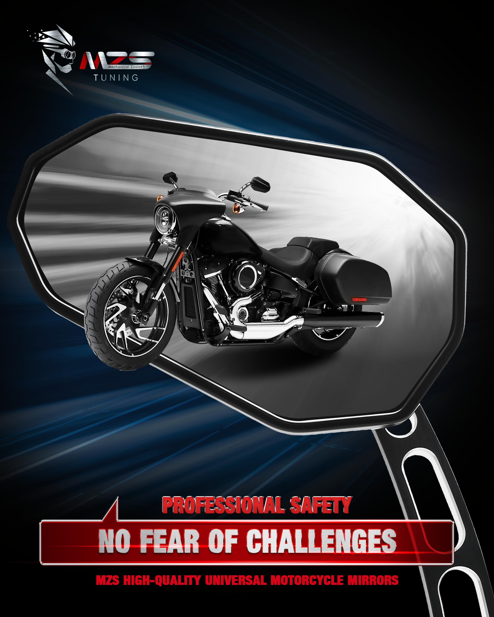 MZS Motorcycle Mirrors - Black Aluminum M8 Rear View Mirror for Sportster, Road King, Street Glide, Electra, Dyna, Softail, Ultra, Vrod