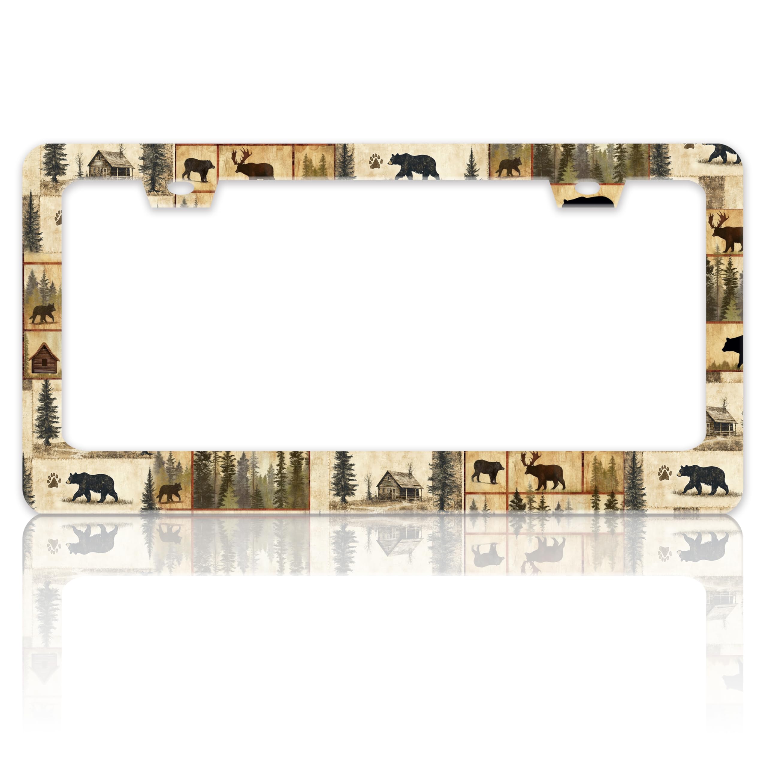 Bear Deer Forest License Plate Frame Stainless Steel Village Houses License Plate Holder for Front and Rear Car Tags Funny for C