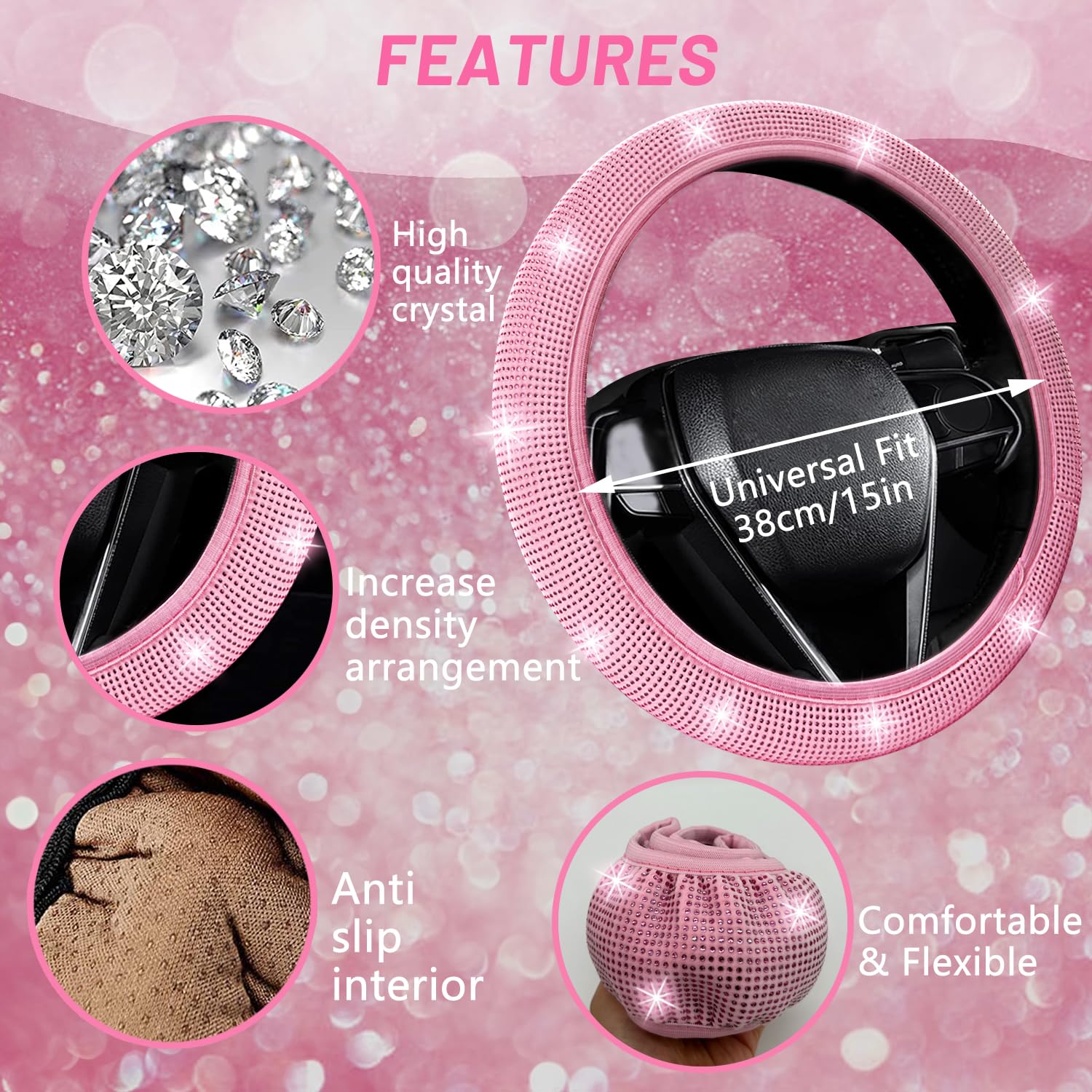 NBTEPEM 27-Piece Bling Car Accessories Set - Pink Diamond, Rhinestones, Universal Fit, Includes Steering Wheel Covers & More