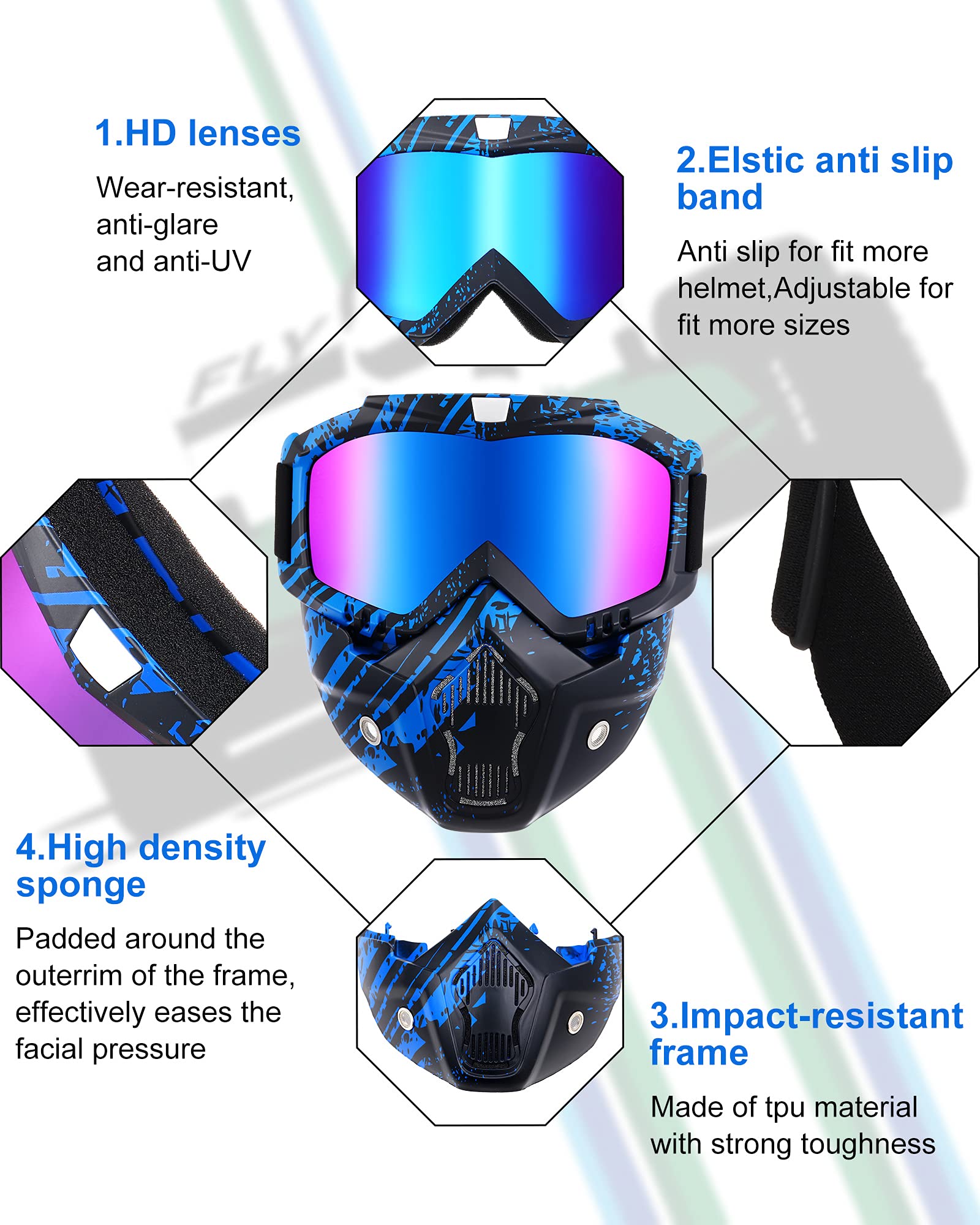 Frienda Motorcycle Goggles and Face Mask Set, Polycarbonate, Medium, Model Frienda-10840, Detachable Helmet Riding Glasses