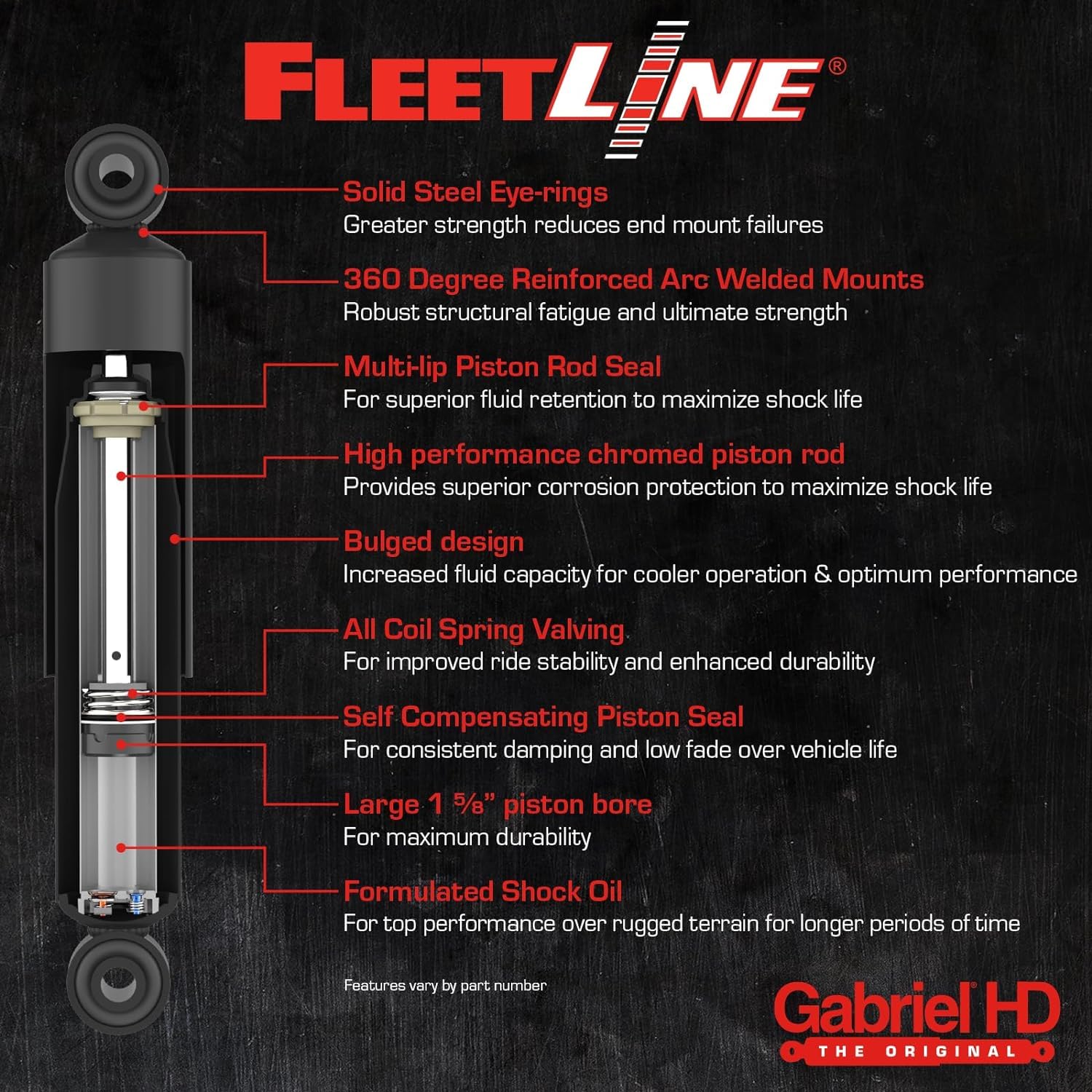 Gabriel 85902 Fleetline Heavy Duty Rear Shock Absorbers For Kenworth C500, K100, K300, T, W Series W/Air Glide 200 46,000 Lb Sus