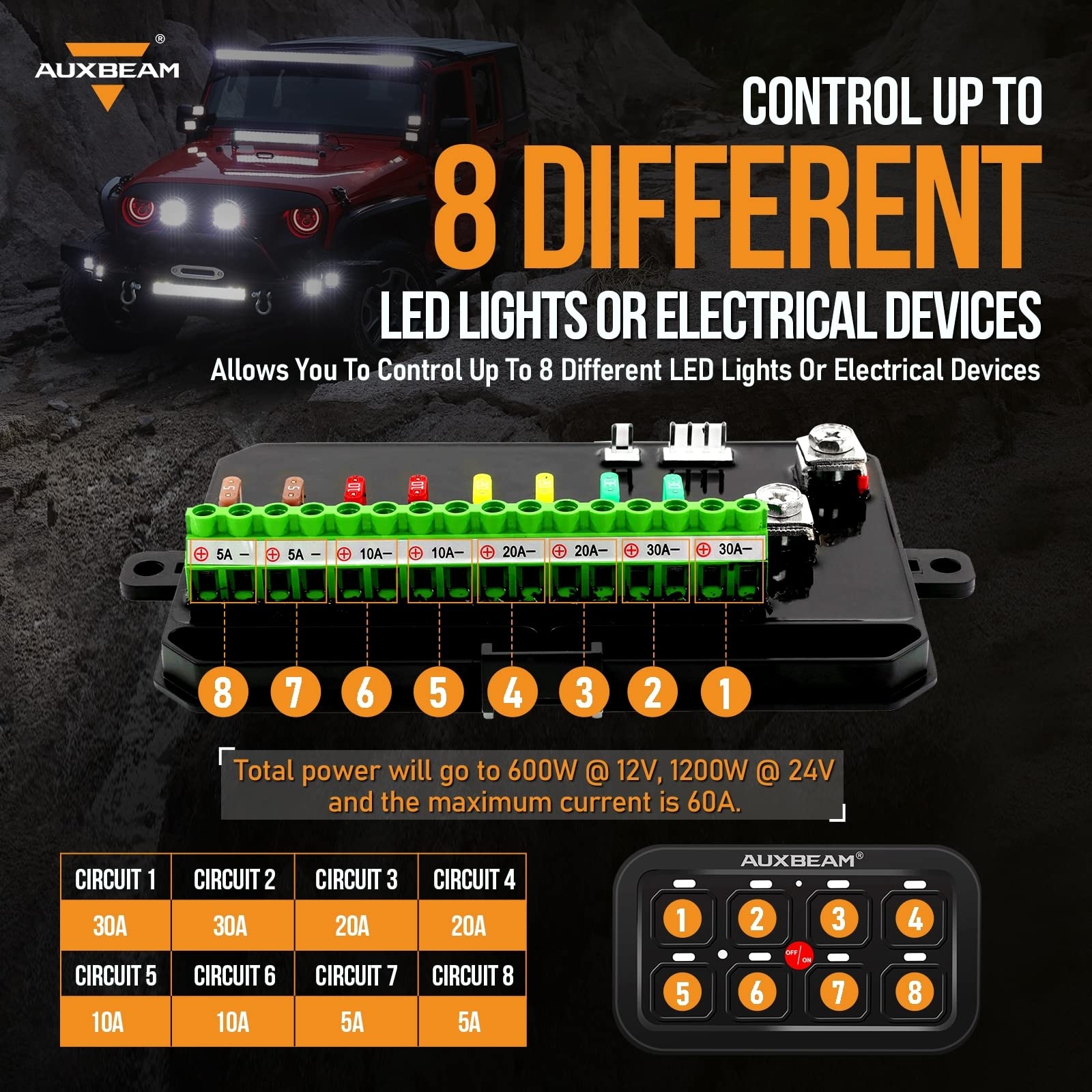 Auxbeam 8 Gang Switch Panel BA80 Automatic Dimmable LED Touch Control Panel Box Electronic Relay System Car Touch Switch Box Uni