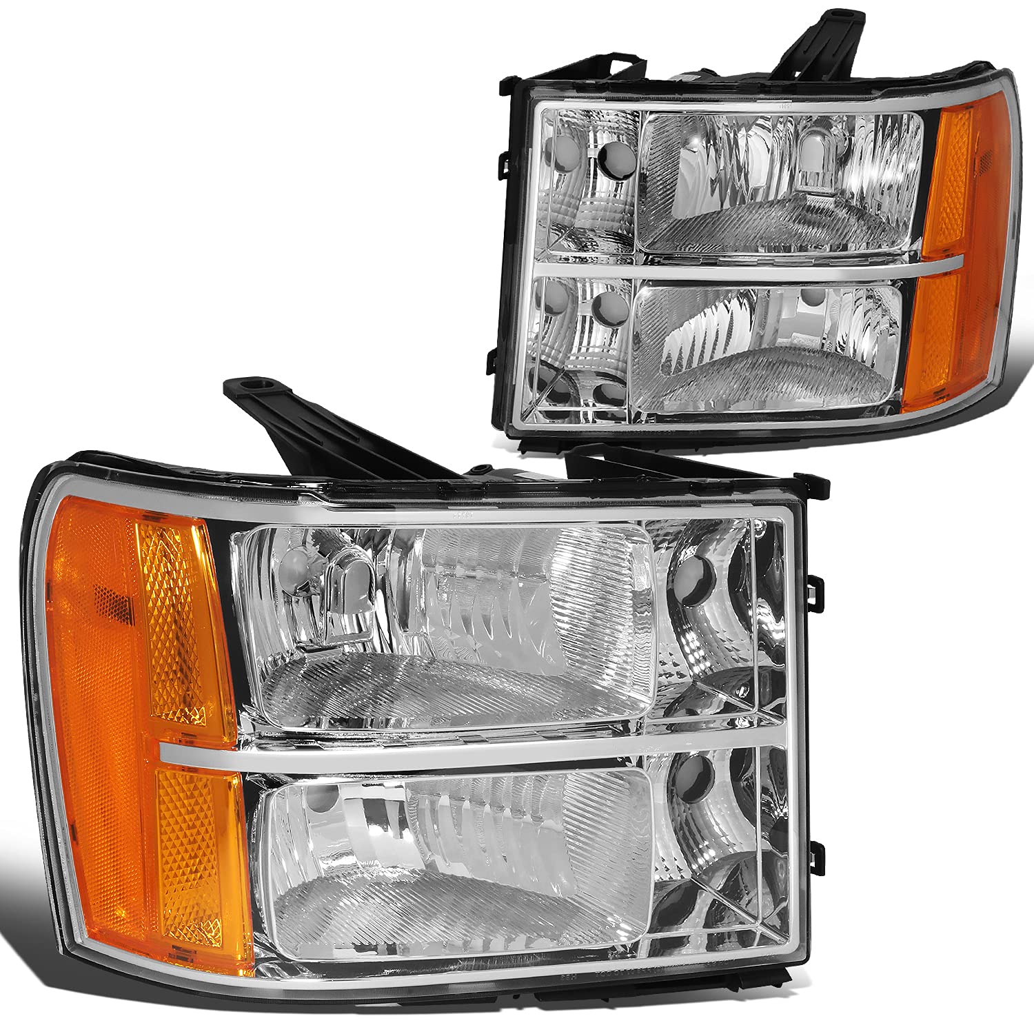 Dna Motoring Pair Headlight Assembly Compatible With 07-13 Gmc Sierra 1500/07-14 Sierra 2500 Hd 3500 Hd, Chrome/Amber, Hl-Oh-Gmc