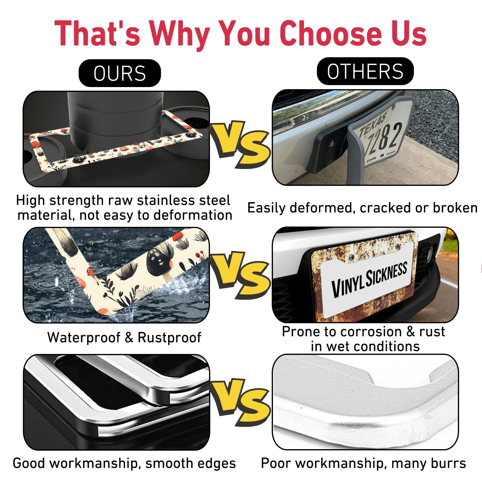 Mushroom License Plate Frame - 2 Packs Universal Stainless Steel Car License Plate Frames Covers Holder Rustproof for Men Women