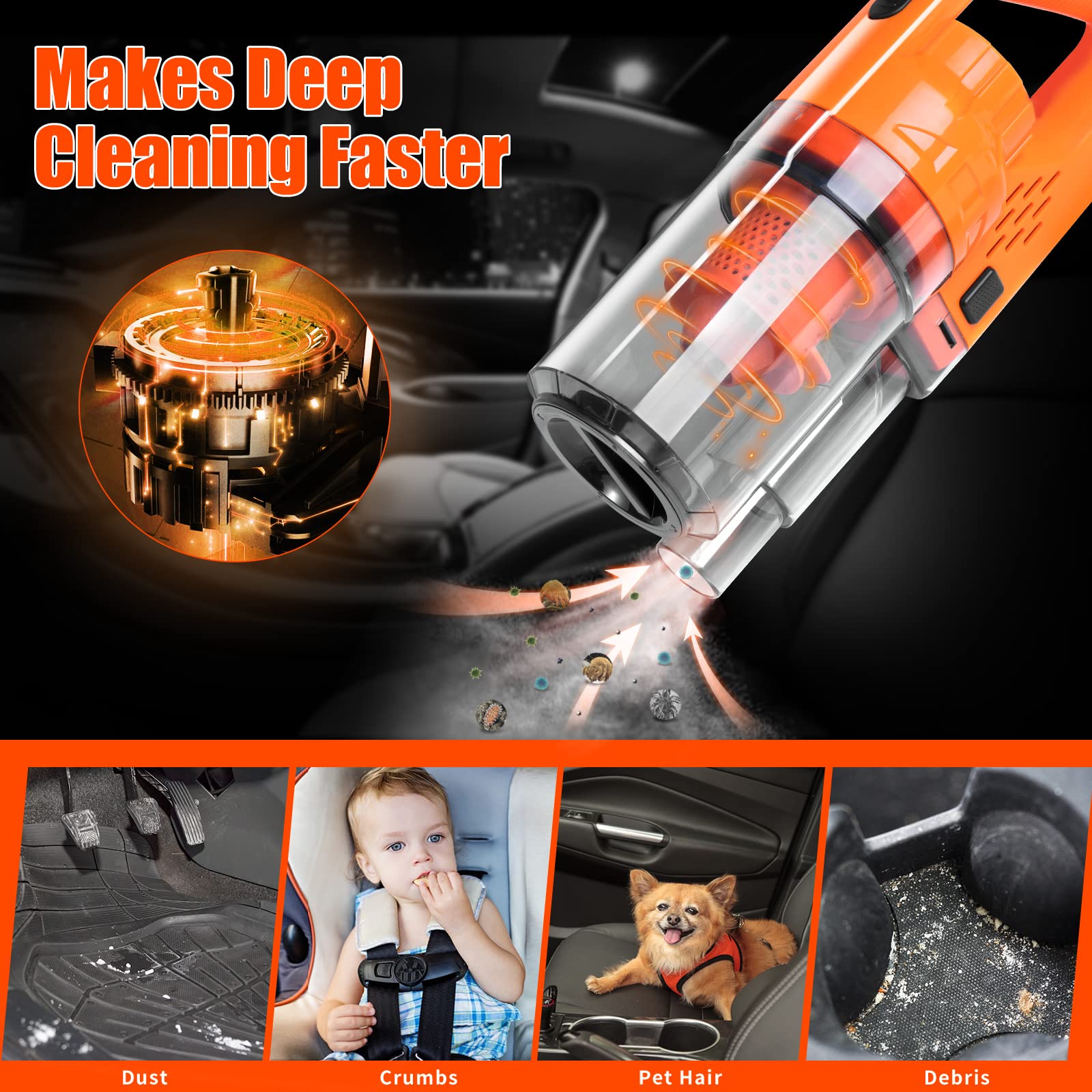 vioview Car Detailing Kit - 17PCS Interior Cleaner Set, Portable Vacuum, Nylon Brushes, Orange Accessories for All Ages, Model LT0017+61