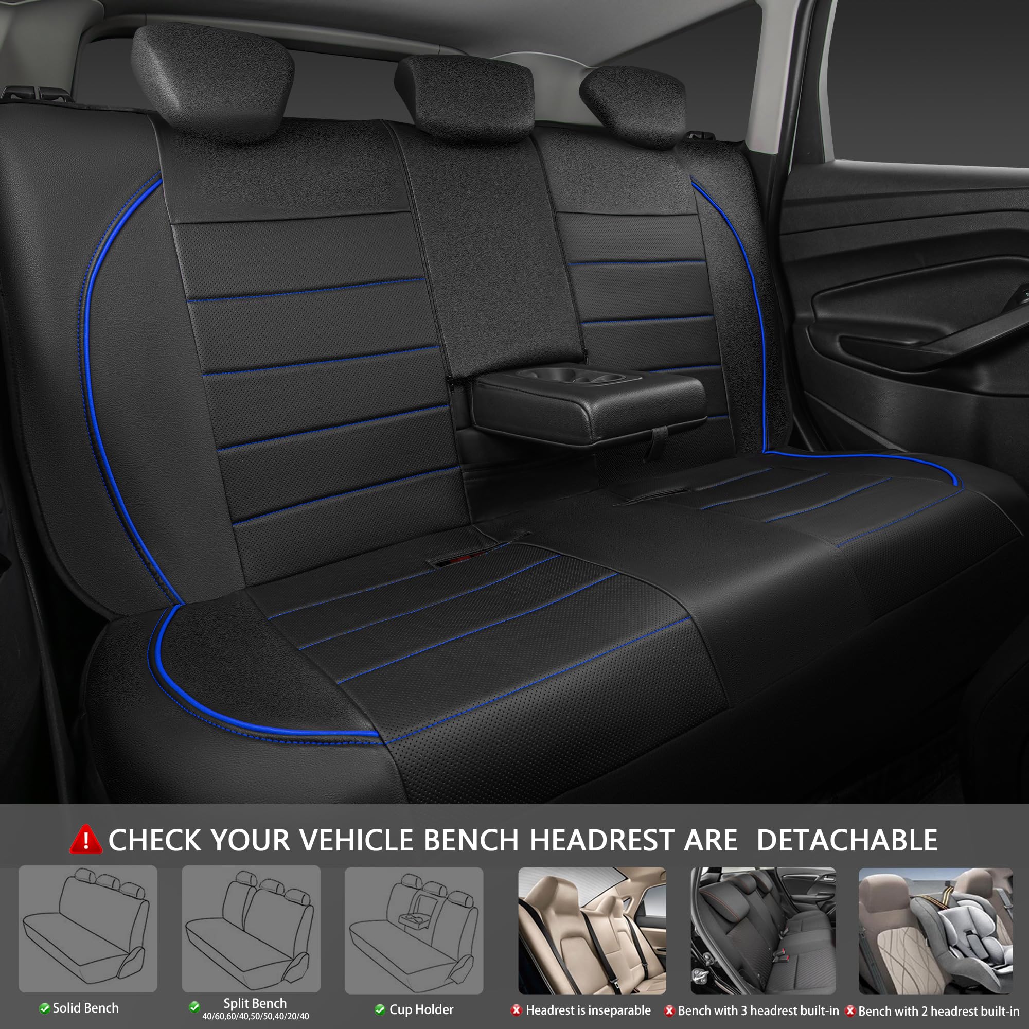 CAR PASS Universal Fit Leather Car Seat Covers, 11PCS, Airbag Compatible, Black and Blue, Inside Zipper Design