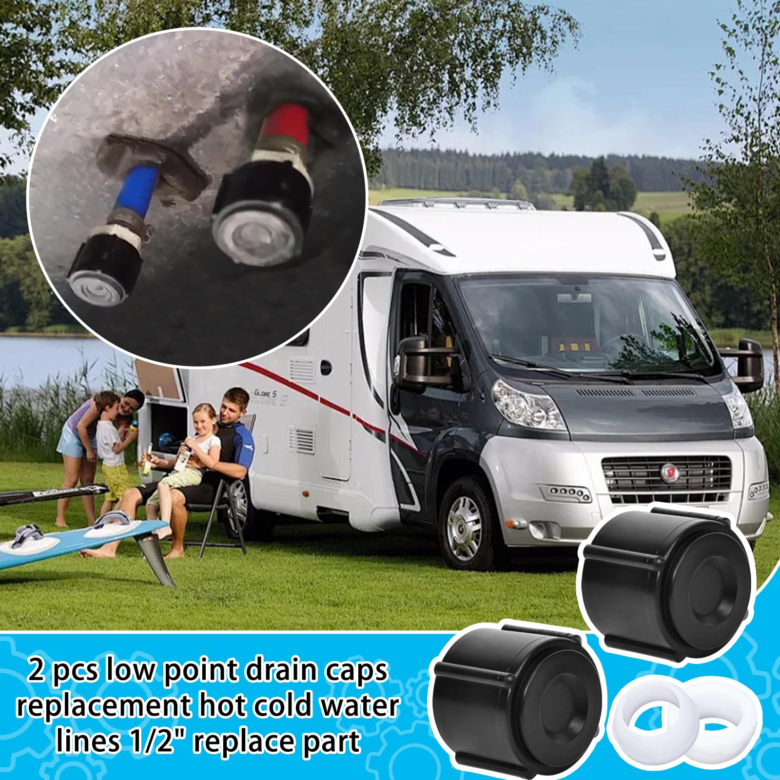 BROQIXIN Low Point Drain Seals and Caps for RV - 2 Pcs, 1/2 Inch Hot & Cold Water Lines, Black
