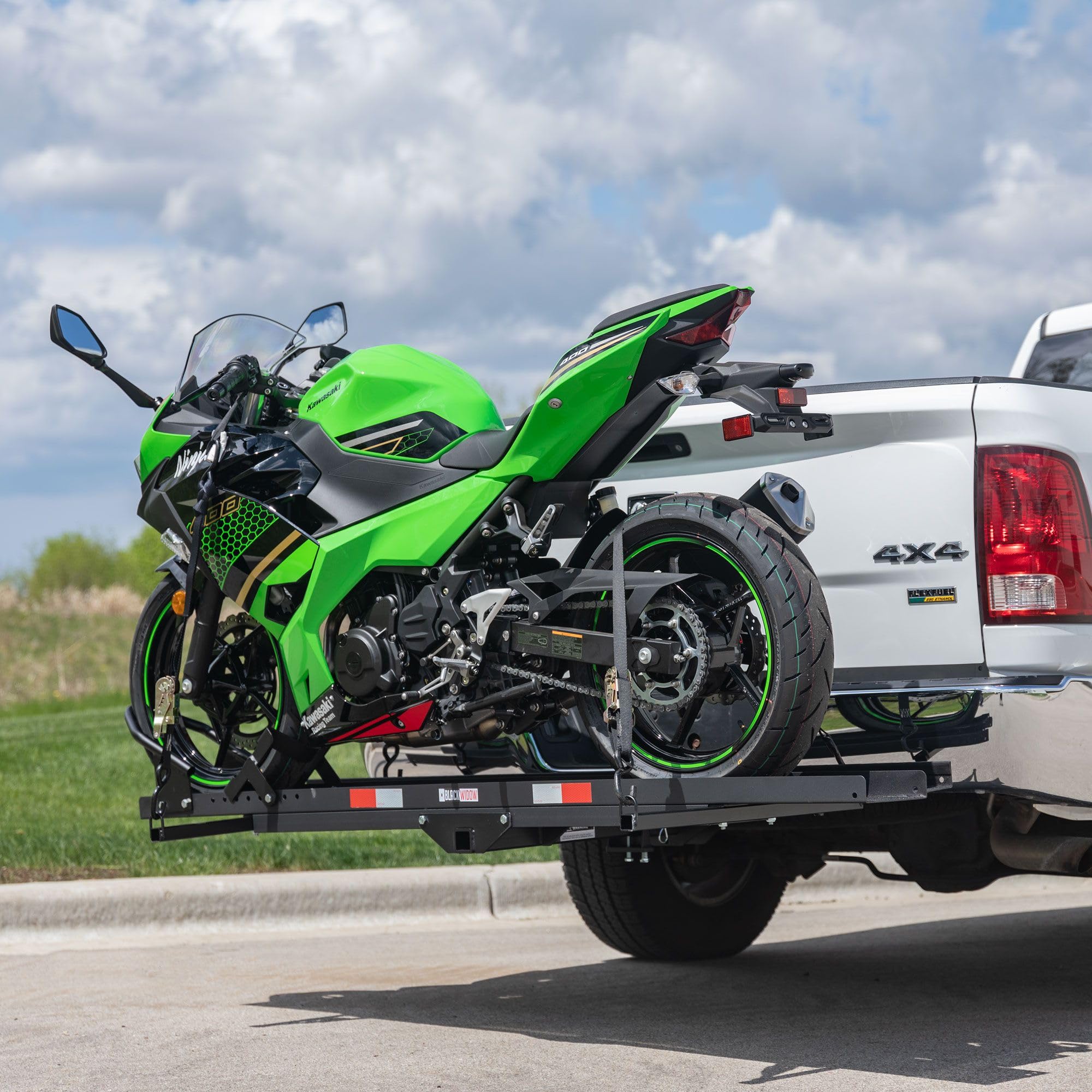 Black Widow Motorcycle Carrier - 600 lb Capacity, Hitch-Mounted, Black, Model MCC-600, Includes Ramp and Anti-Rattle Device