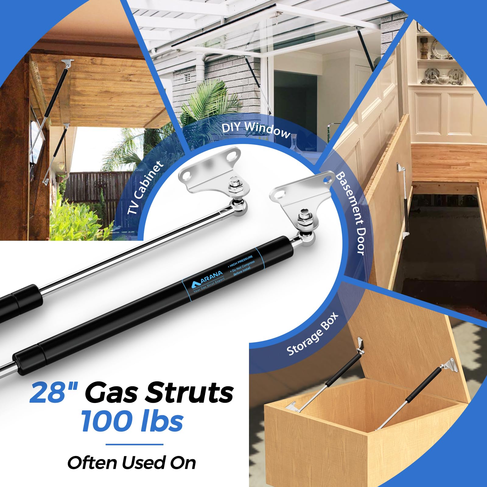 Arana Gas Struts 28 Inch 100 Lbs With Brackets, 28'' 445N Lift Shocks, Heavy Duty Gas Spring Prop For Truck Bed Cover Travel Tra