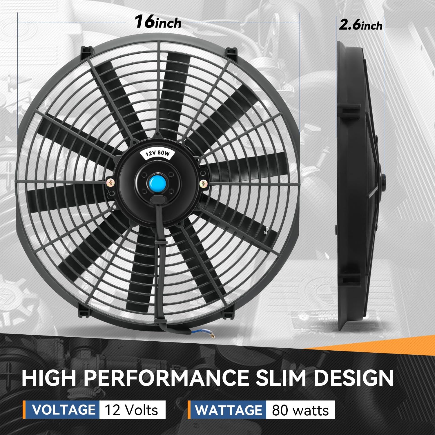 Auto Dynasty Universal 16 Inches High Performance Electric Slim Radiator Cooling Fan With Mounting Kit, (Pack Of 2) 12V, Black