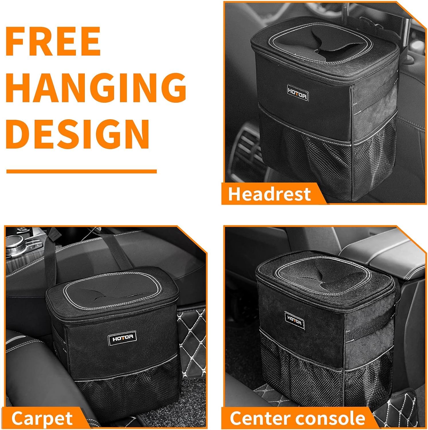 HOTOR Car Trash Can - 3 Gallons, Waterproof Nylon Organizer, Adjustable Straps, Black, Model A000138BL-L
