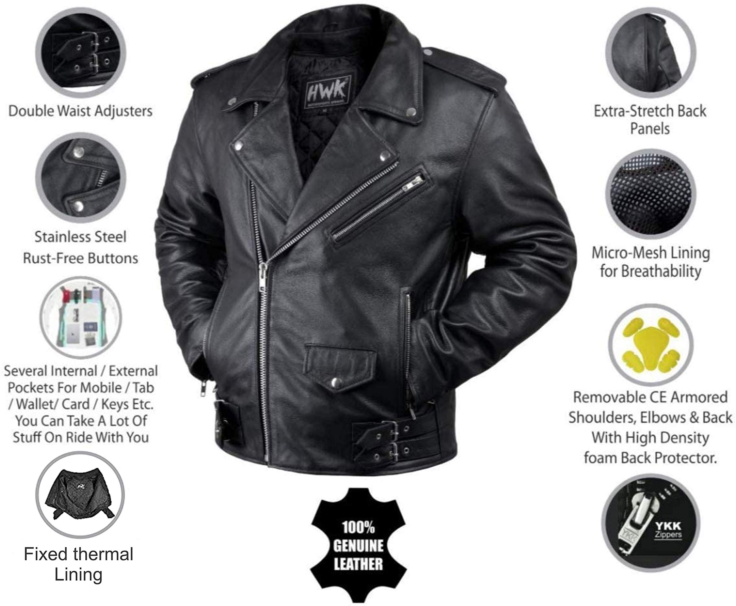 HWK Brando Leather Motorcycle Jacket - Black, Large, Genuine Leather, Removable CE Armor, Thermal Lining, Weather Resistant