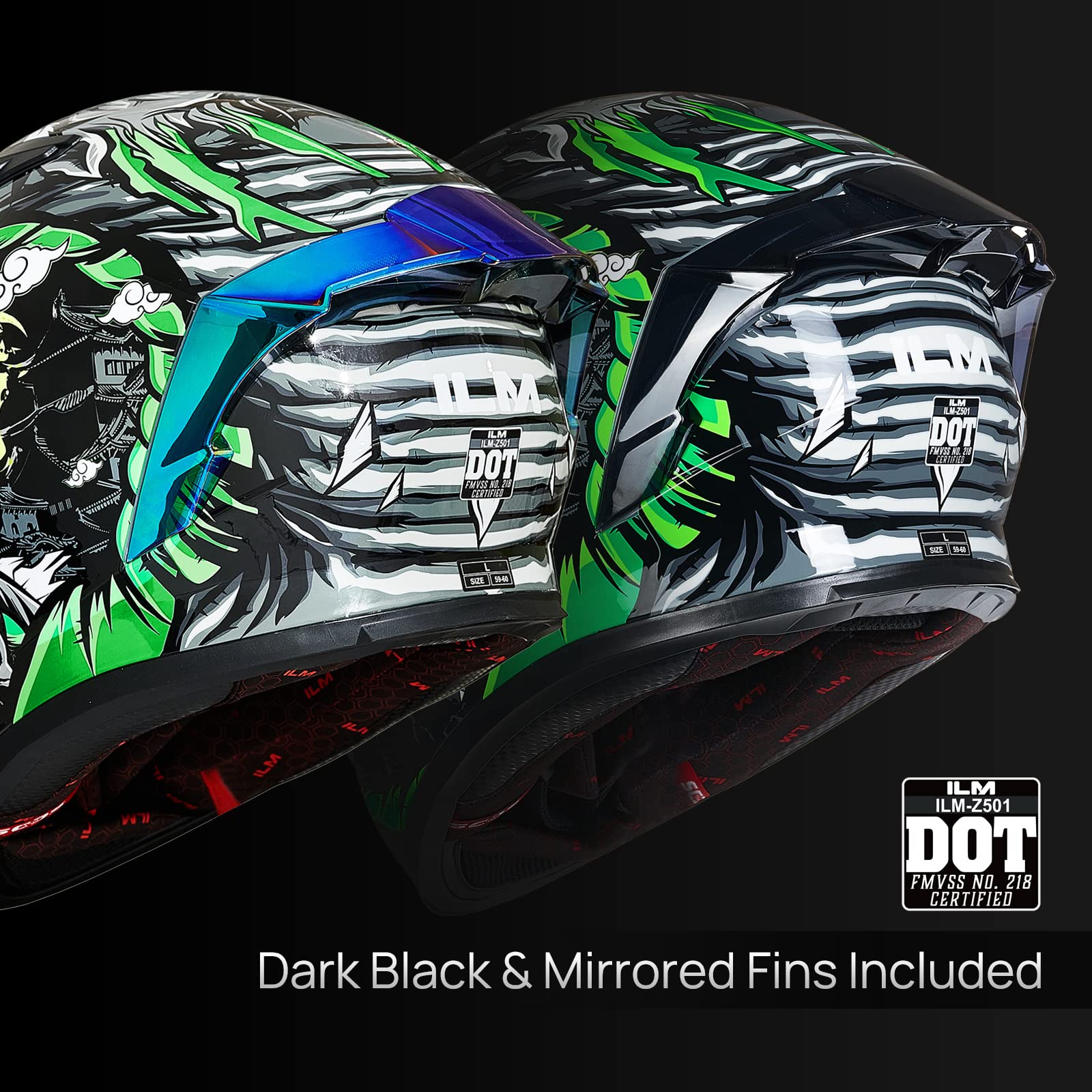 Ilm Motorcycle Helmet Full Face With Pinlock Compatible Clear&Tinted Visors And Fins Street Bike Motocross Casco Dot Model Z501(Legend Green, Large)