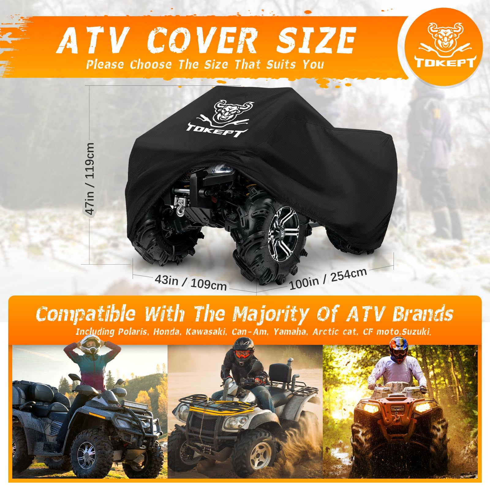 Tokept ATV Cover, Heavy Duty Black Waterproof Oxford Fabric Protective 4 Wheeler Quad Cover for 100'' Kawasaki Honda Polaris Yam