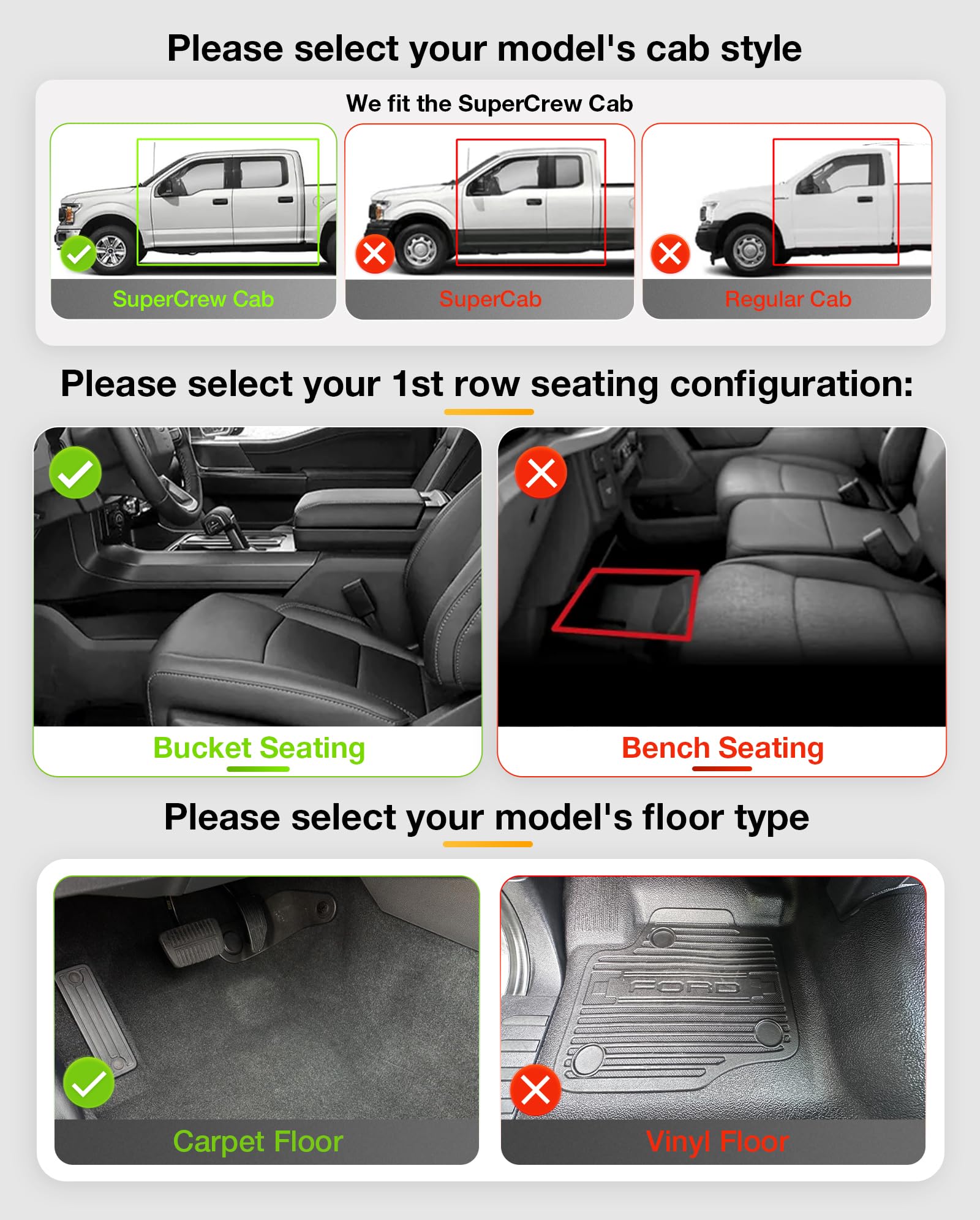 3W Custom Fit Floor Mats for Ford F150 SuperCrew 2015-2024, TPE All Weather, Black, Model ZY1051601-1-1-2, Easy Cleaning