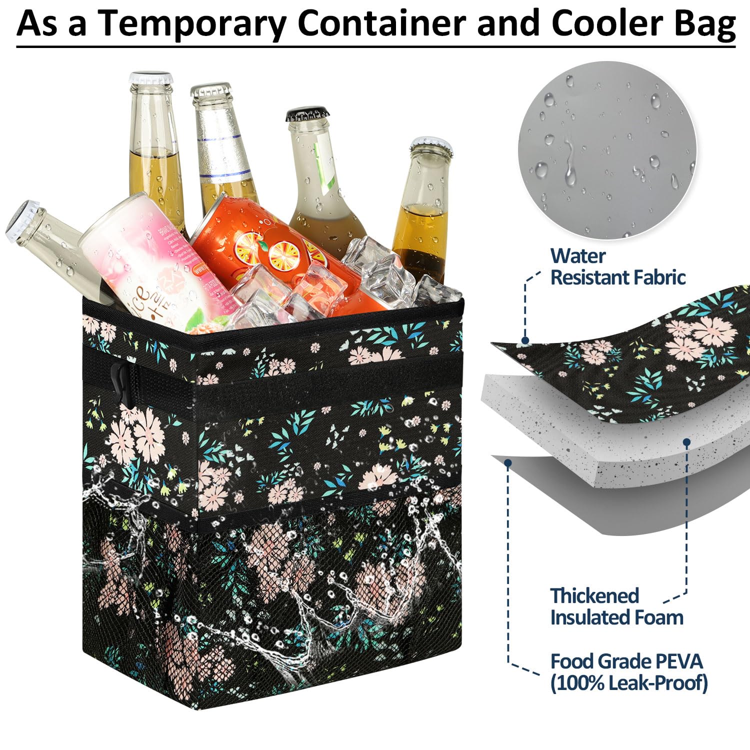 ELONGRIVER Car Trash Can Bin - 2 Gallon Leak Proof Polyester Vehicle Trash Bag, Colorful Floral, for SUV, Truck, Van, Model 220908-10