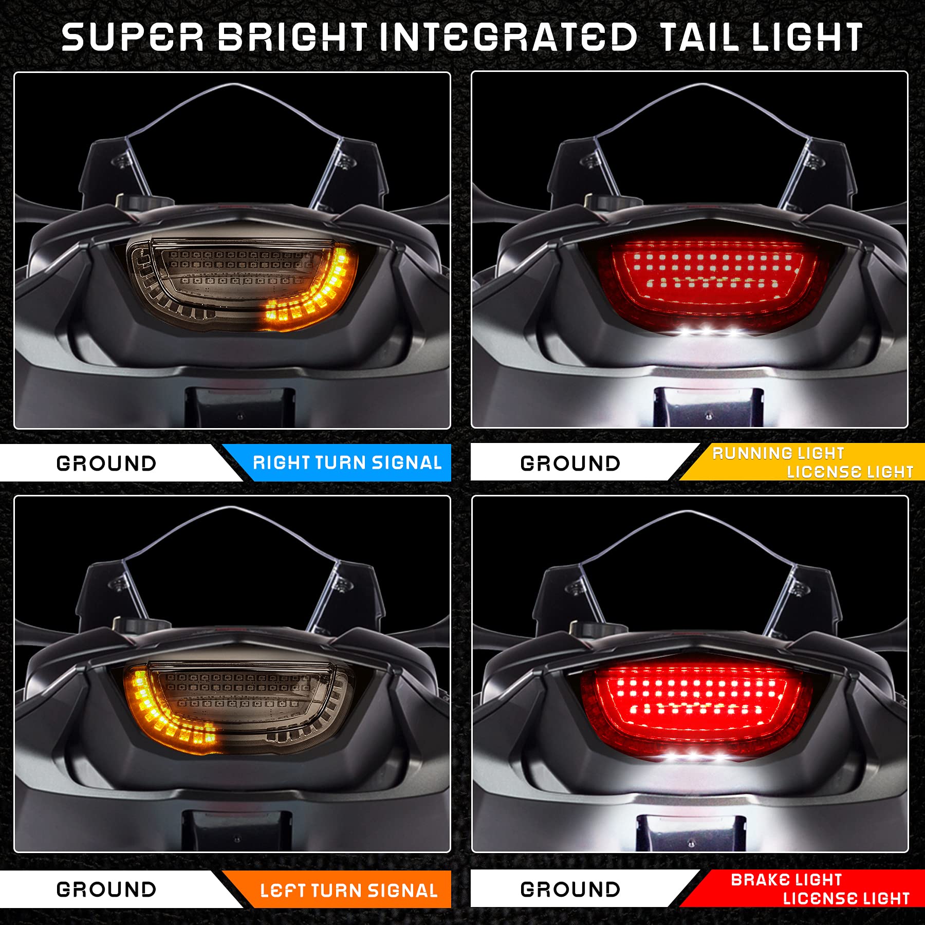 QUASCO Integrated Motorcycle Brake Tail Light & Turn Signals, Black/Blue/Orange, Compatible with Honda/Suzuki/Yamaha, ABS Material