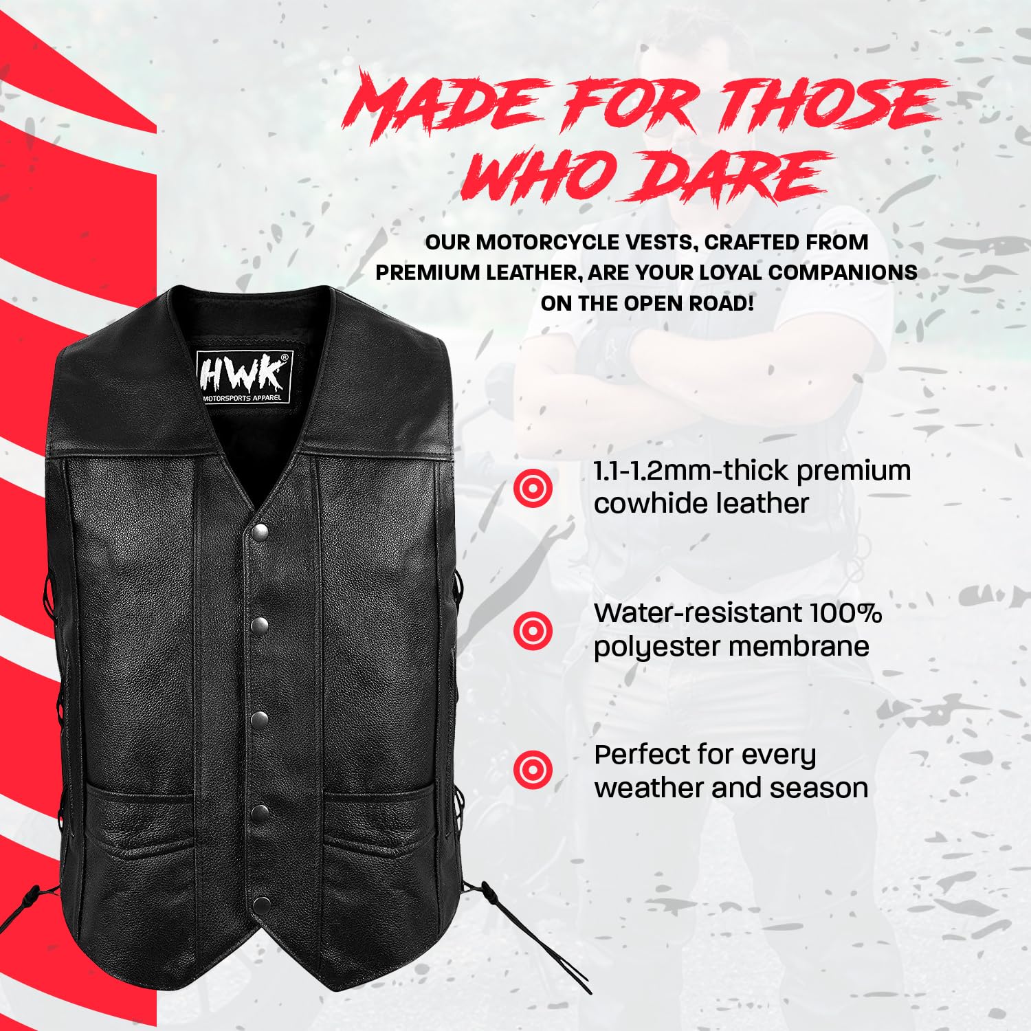HWK Leather Motorcycle Vest for Men & Women, Black Genuine Leather, Medium, with Concealed Carry Gun Pocket, 100% Polyester Lining