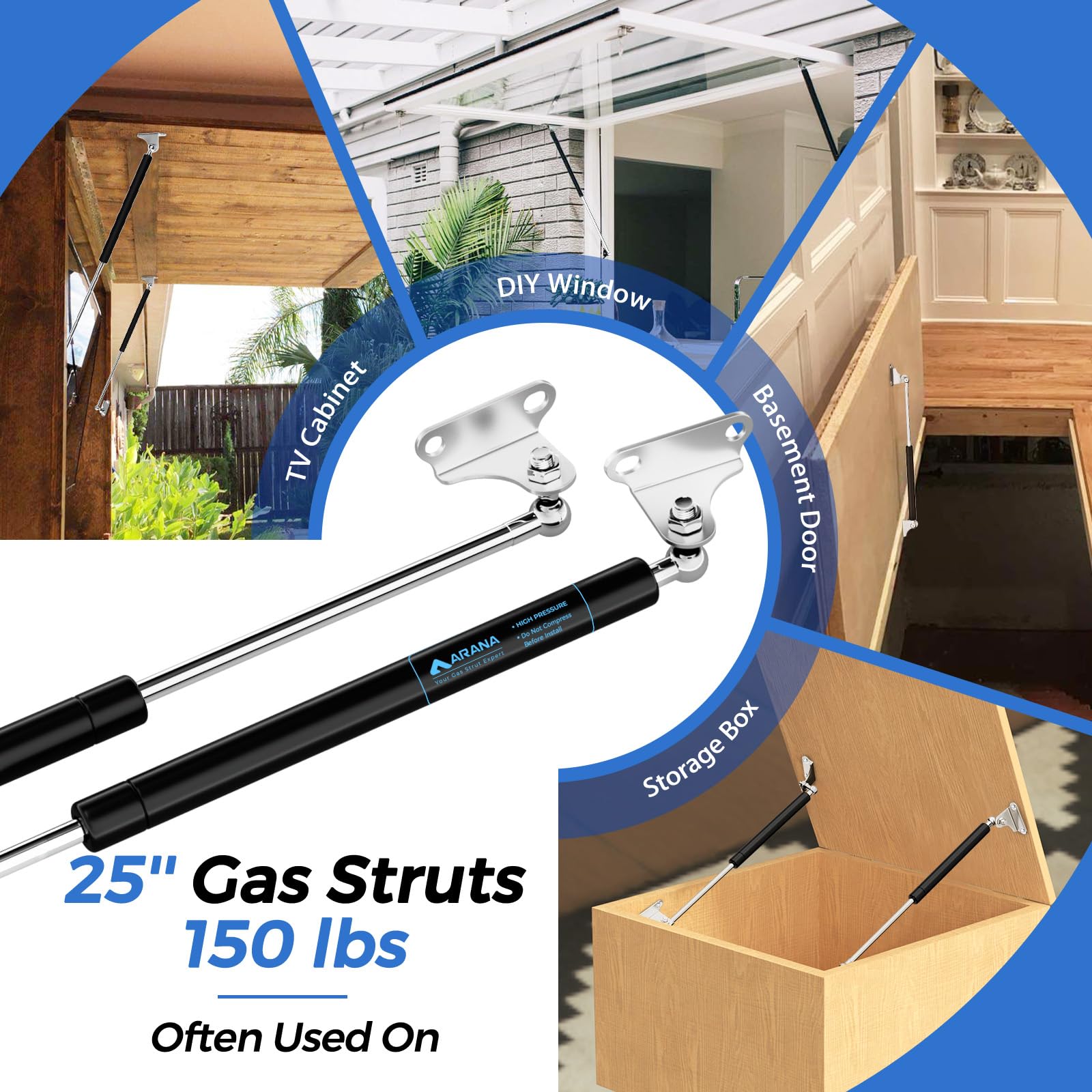Arana 25 Inch 150 Lb Gas Prop Struts Shocks With L Mounting Brackets, 25 '' 534 N Lift-Support Gas Springs For Heavy Duty Murphy