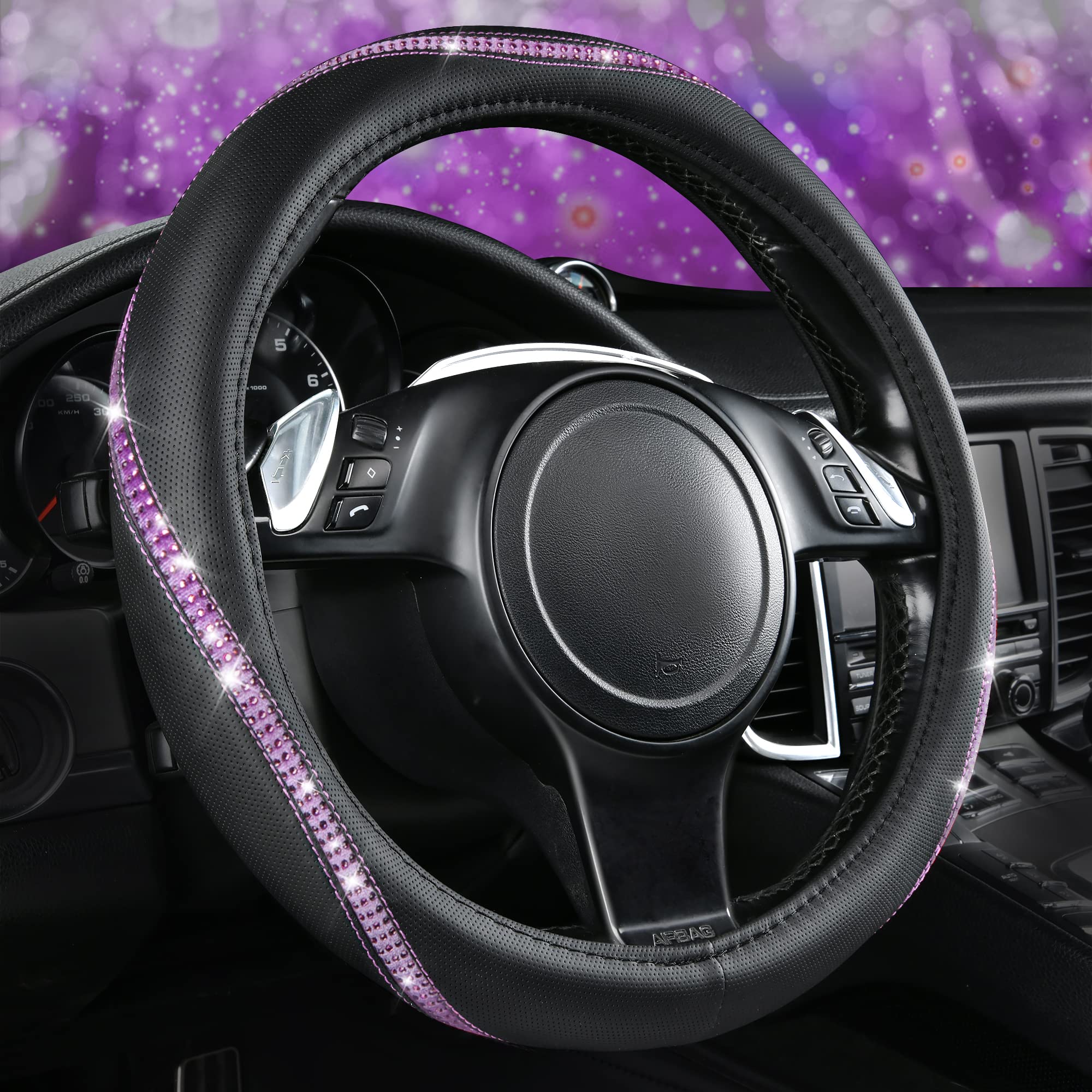 Car Pass Bling Diamond Black Leather Steering Wheel Cover, Studded Crystal Rhinestones Universal Fit 14' 1/2-15' Glitter For Women Sparkle Girl Fit Suvs,Vans,Sedans,Car,Trucks, Purple Diamond