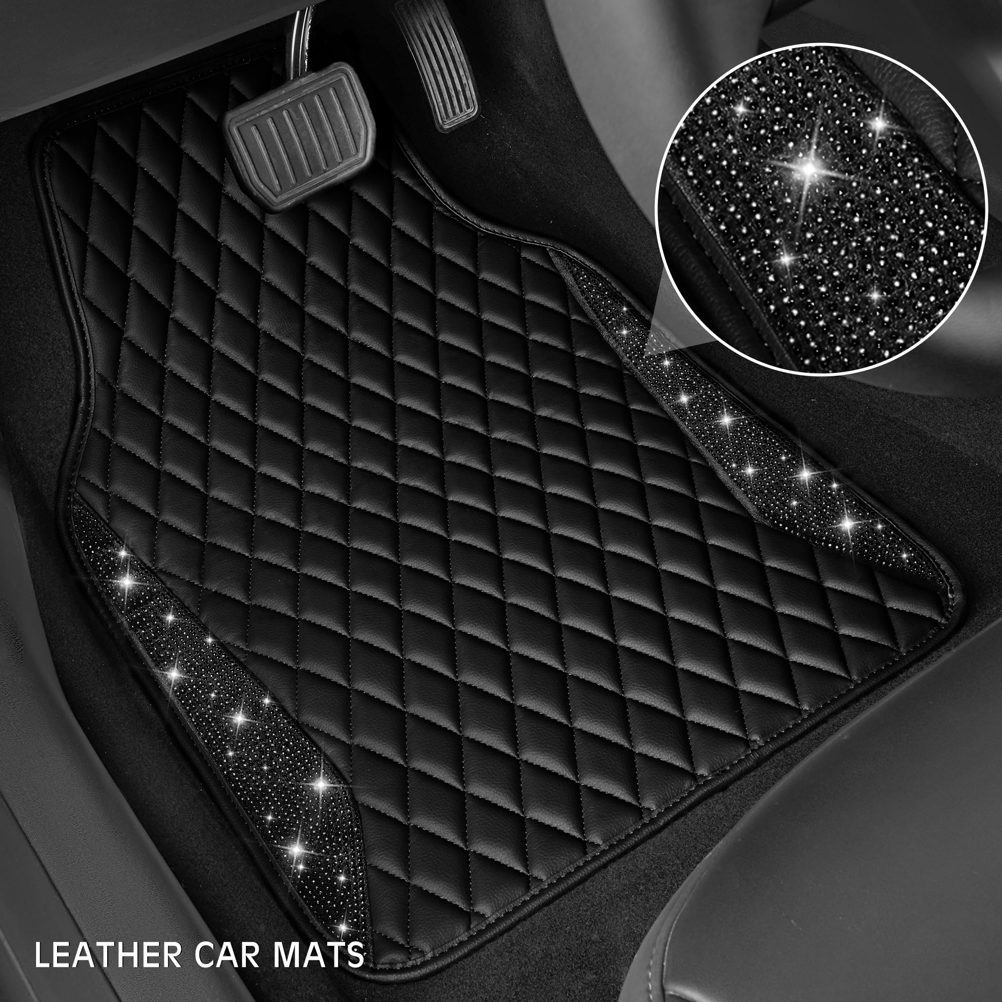 CAR PASS Bling Leather Car Mats, 5pcs Anti-Slip Waterproof Floor Mats, Black Diamond for SUV, Sedan, Van
